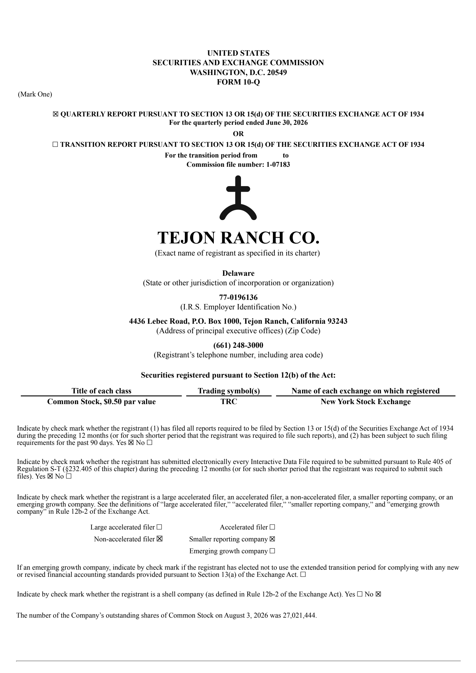 Tejon Ranch's Q2 2026 Quarterly report