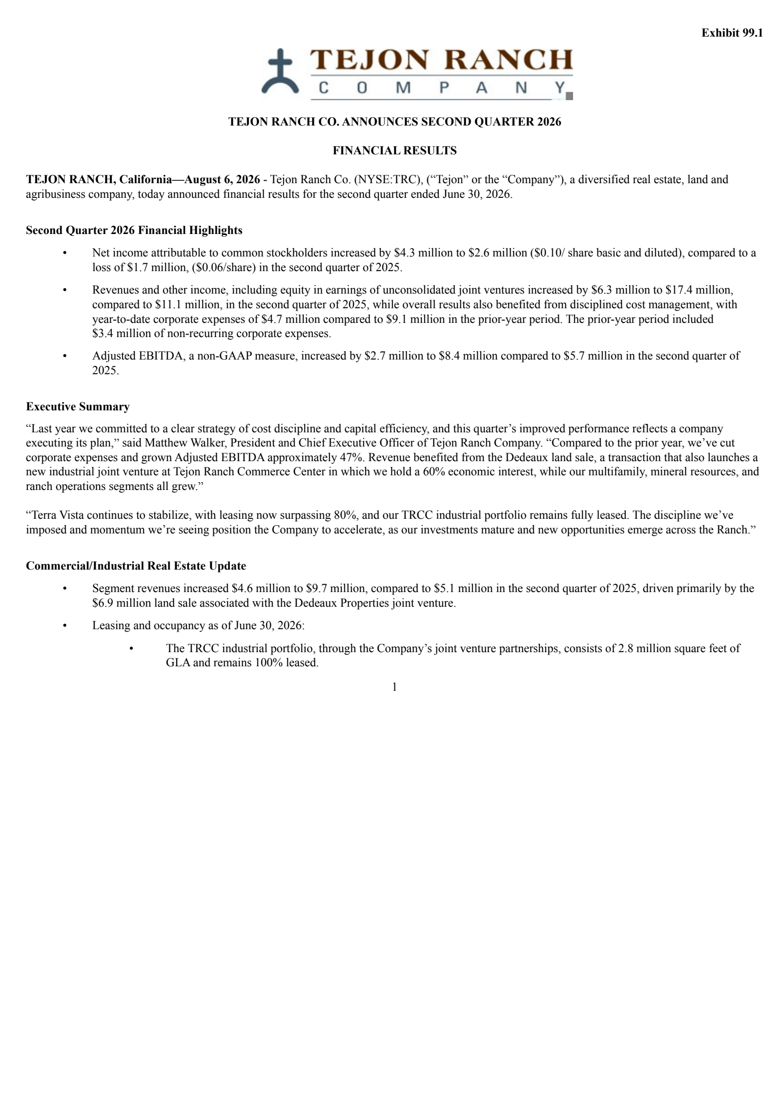 Tejon Ranch's Q2 2026 Press Release