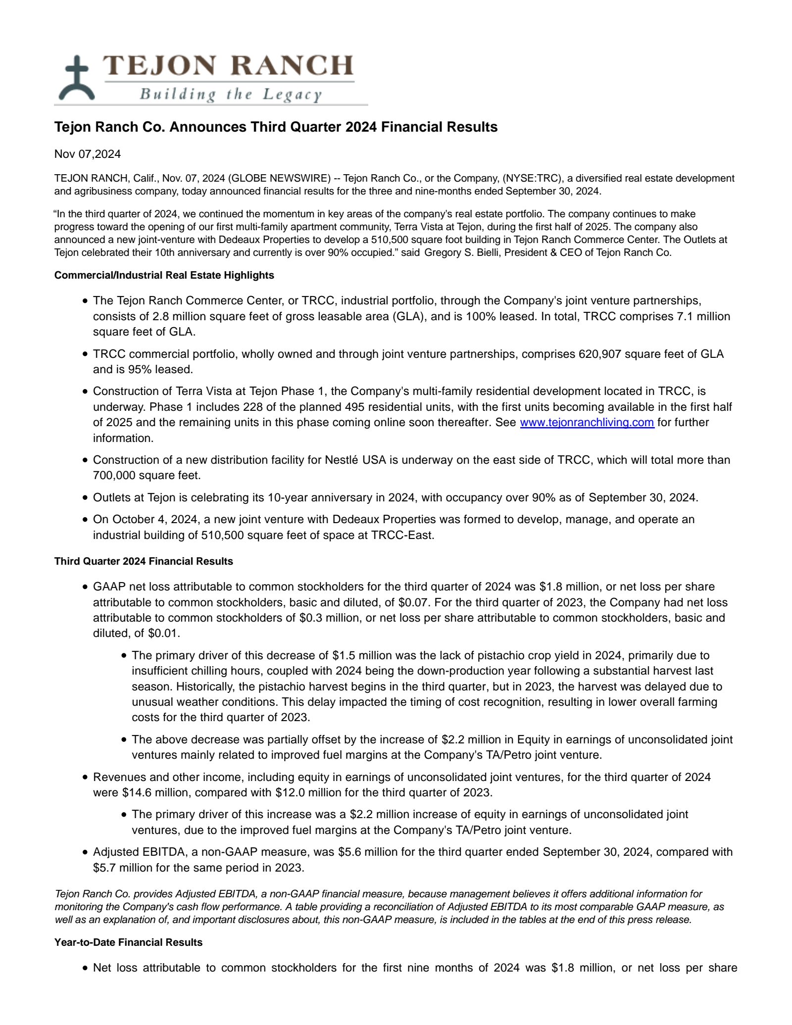 Tejon Ranch's Q3 2024 Press Release