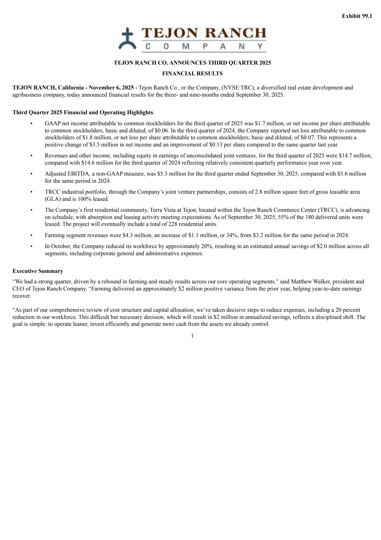 Tejon Ranch's Q3 2025 Earnings Release