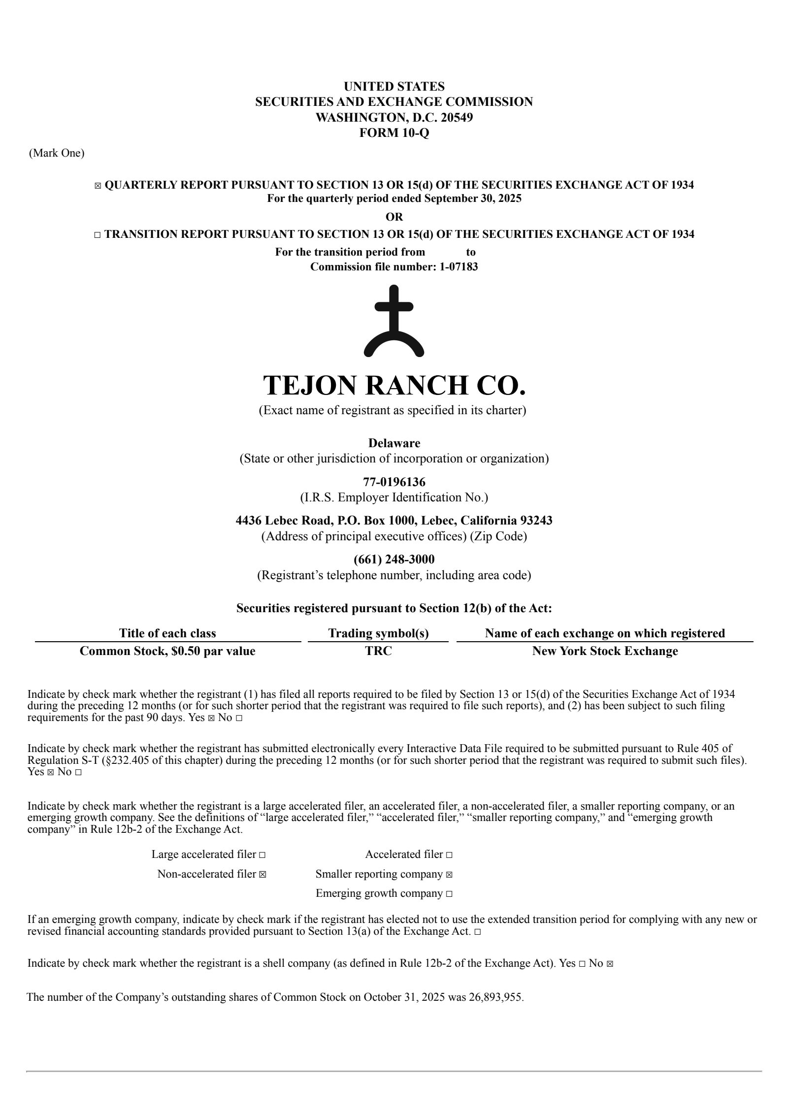 Tejon Ranch's Q3 2025 Quarterly Report