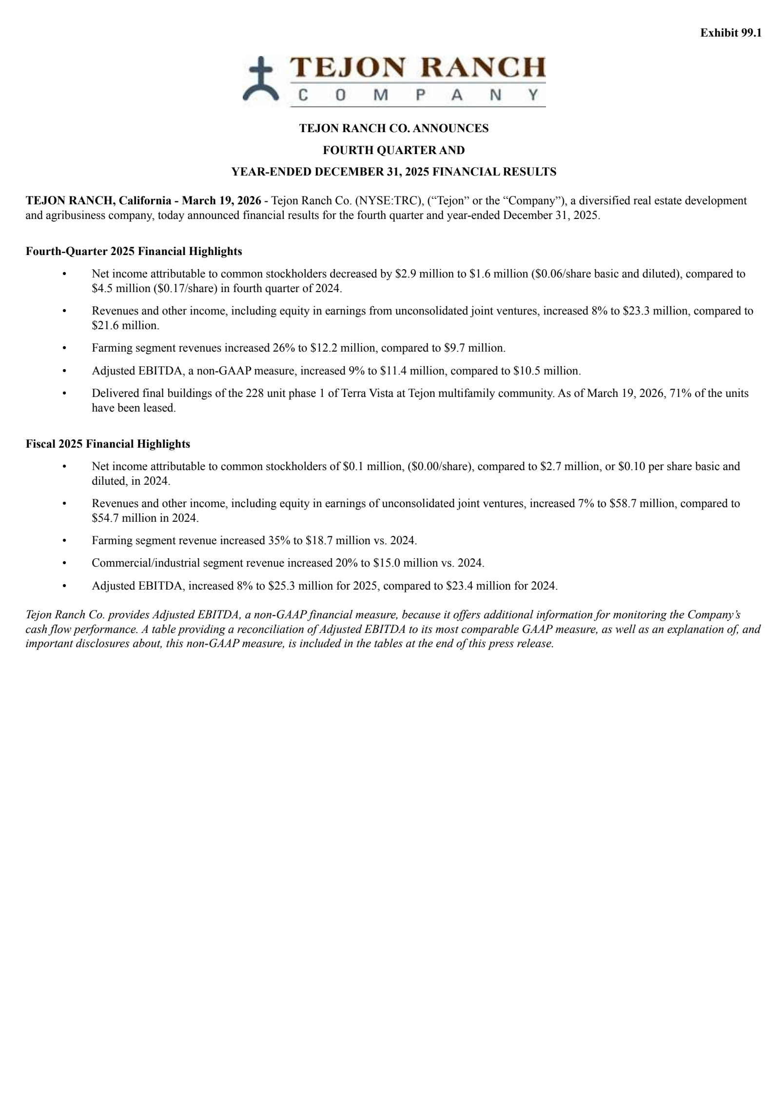 Tejon Ranch's Q4 2025 Press Release