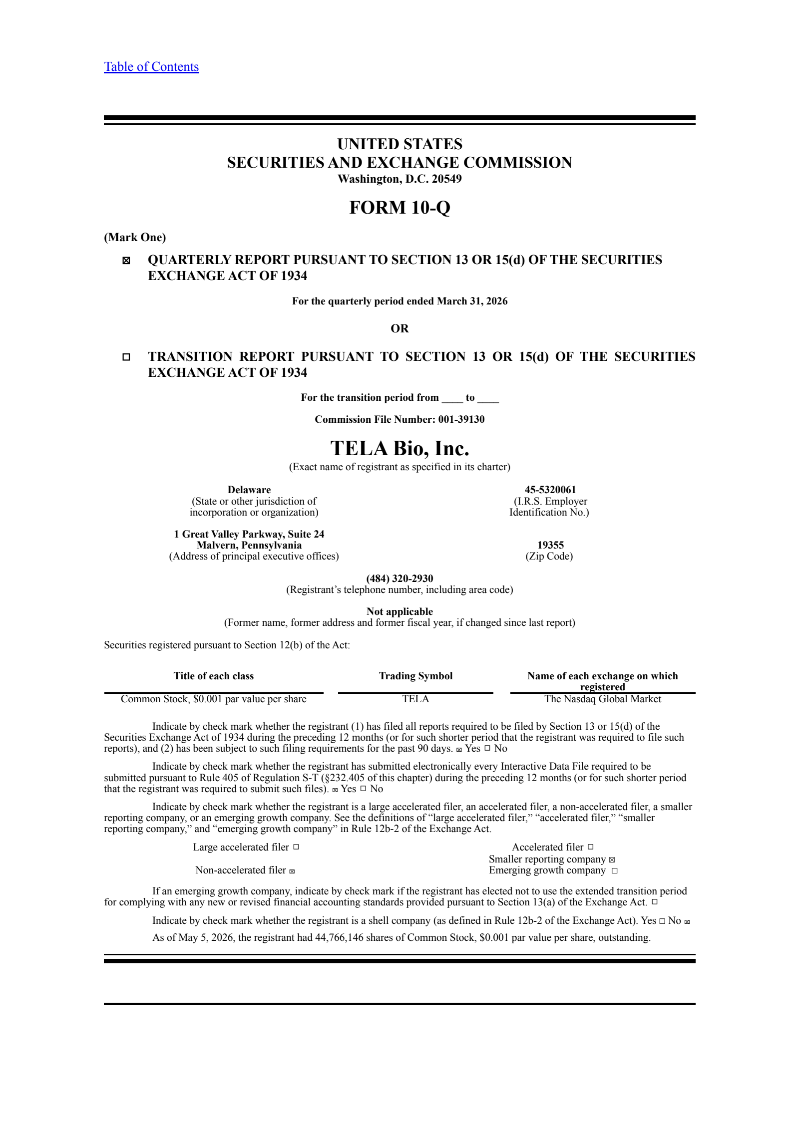 TELA Bio's Q1 2026 Quarterly report