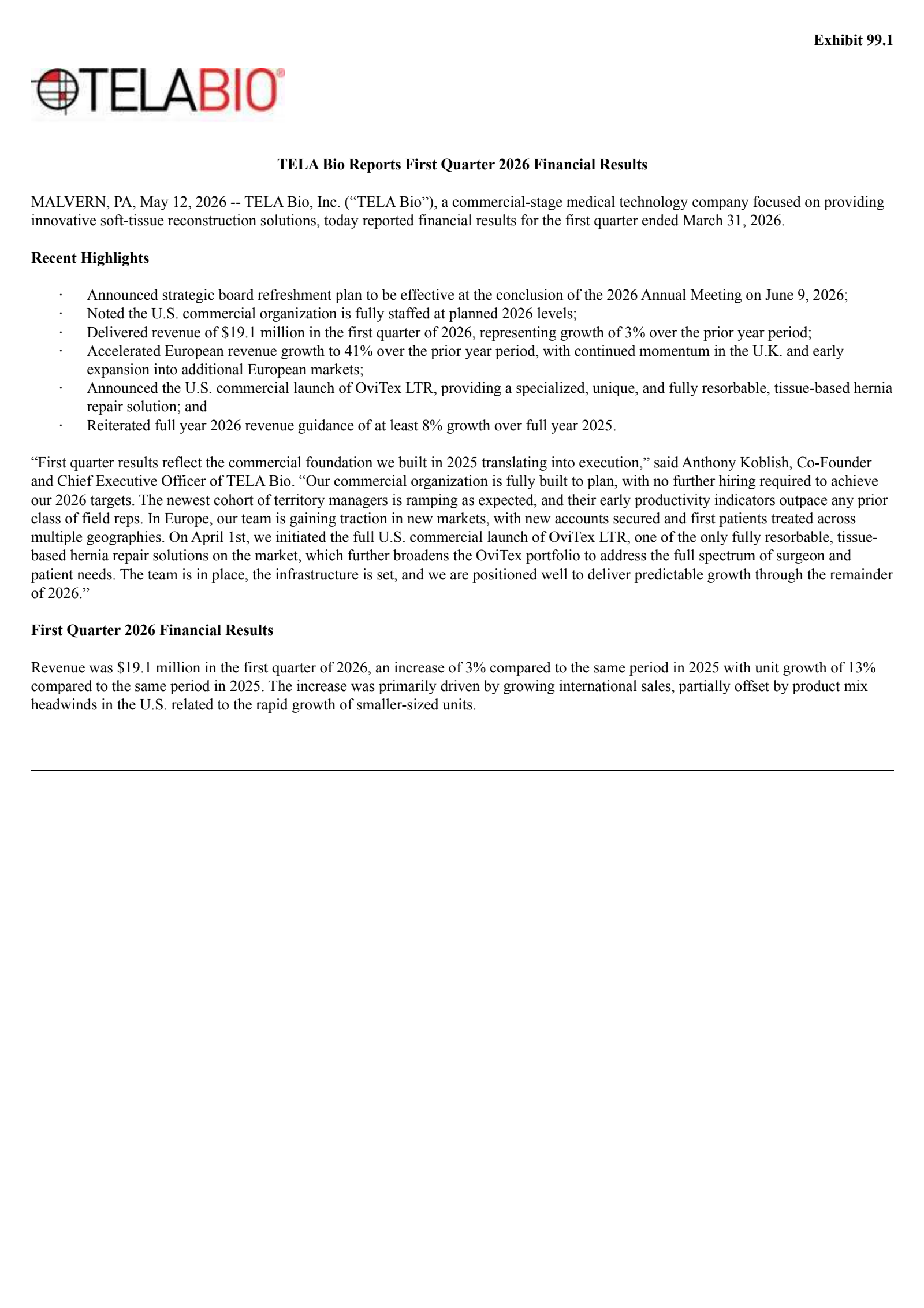 TELA Bio's Q1 2026 Press Release