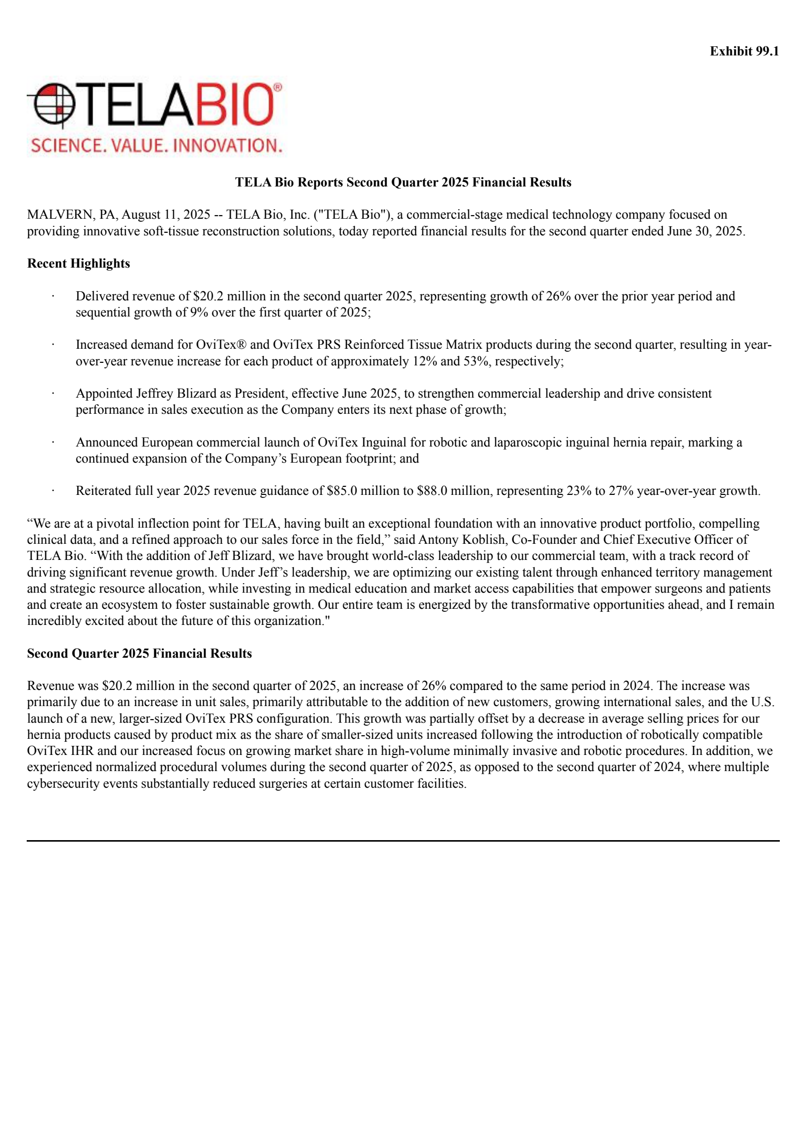 TELA Bio's Q2 2025 Press Release