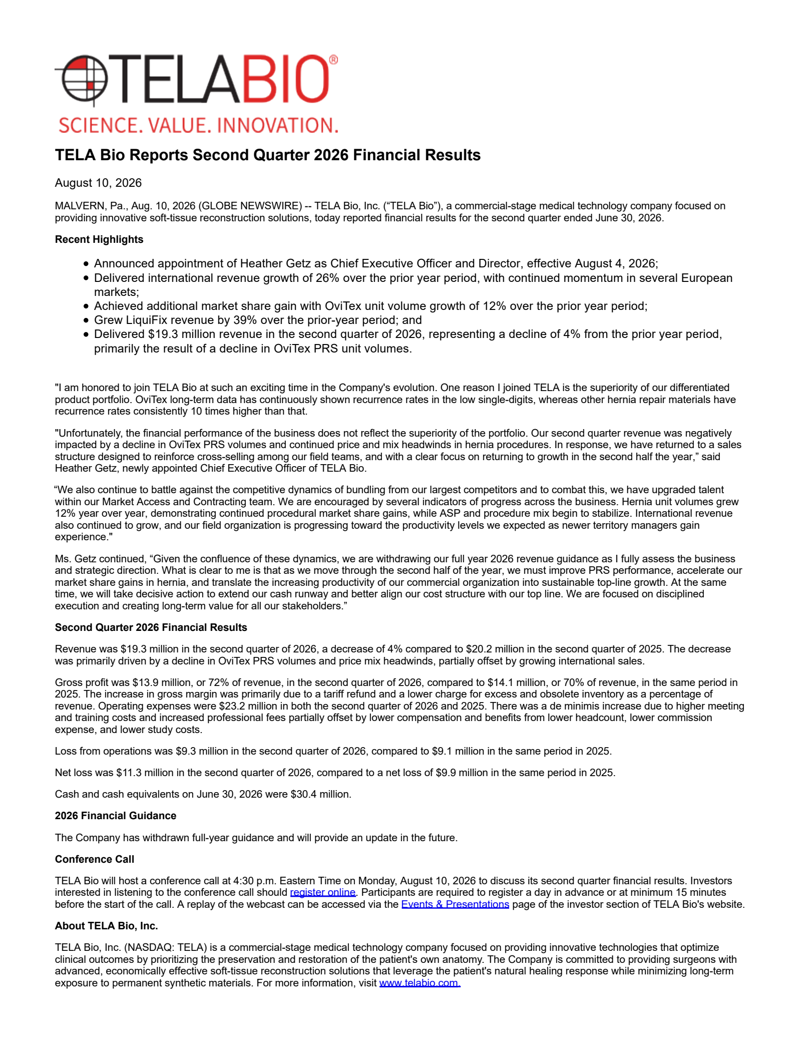 TELA Bio's Q2 2026 Press Release
