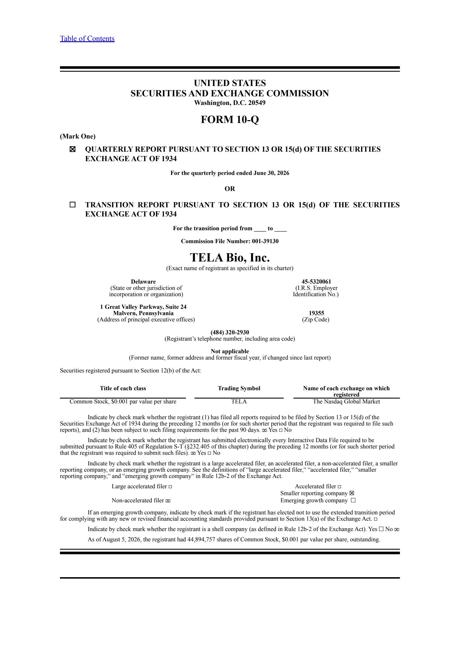 TELA Bio's Q2 2026 Quarterly report