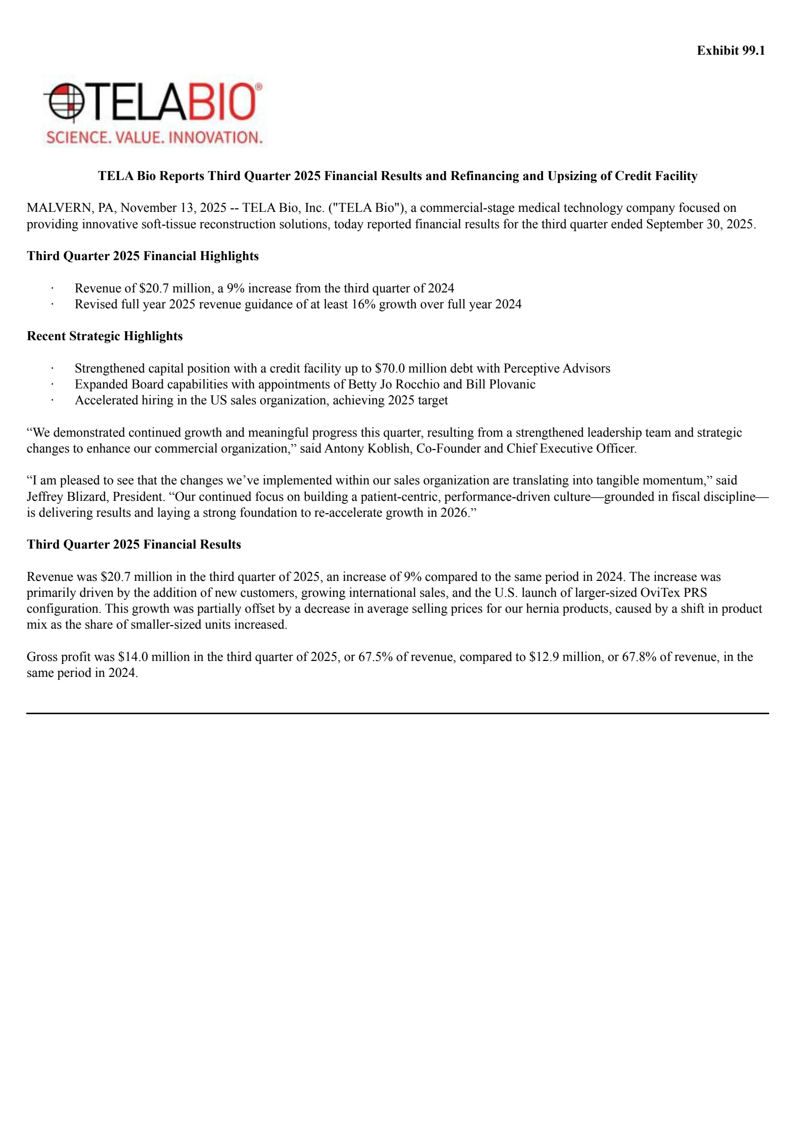 TELA Bio's Q3 2025 Earnings Release