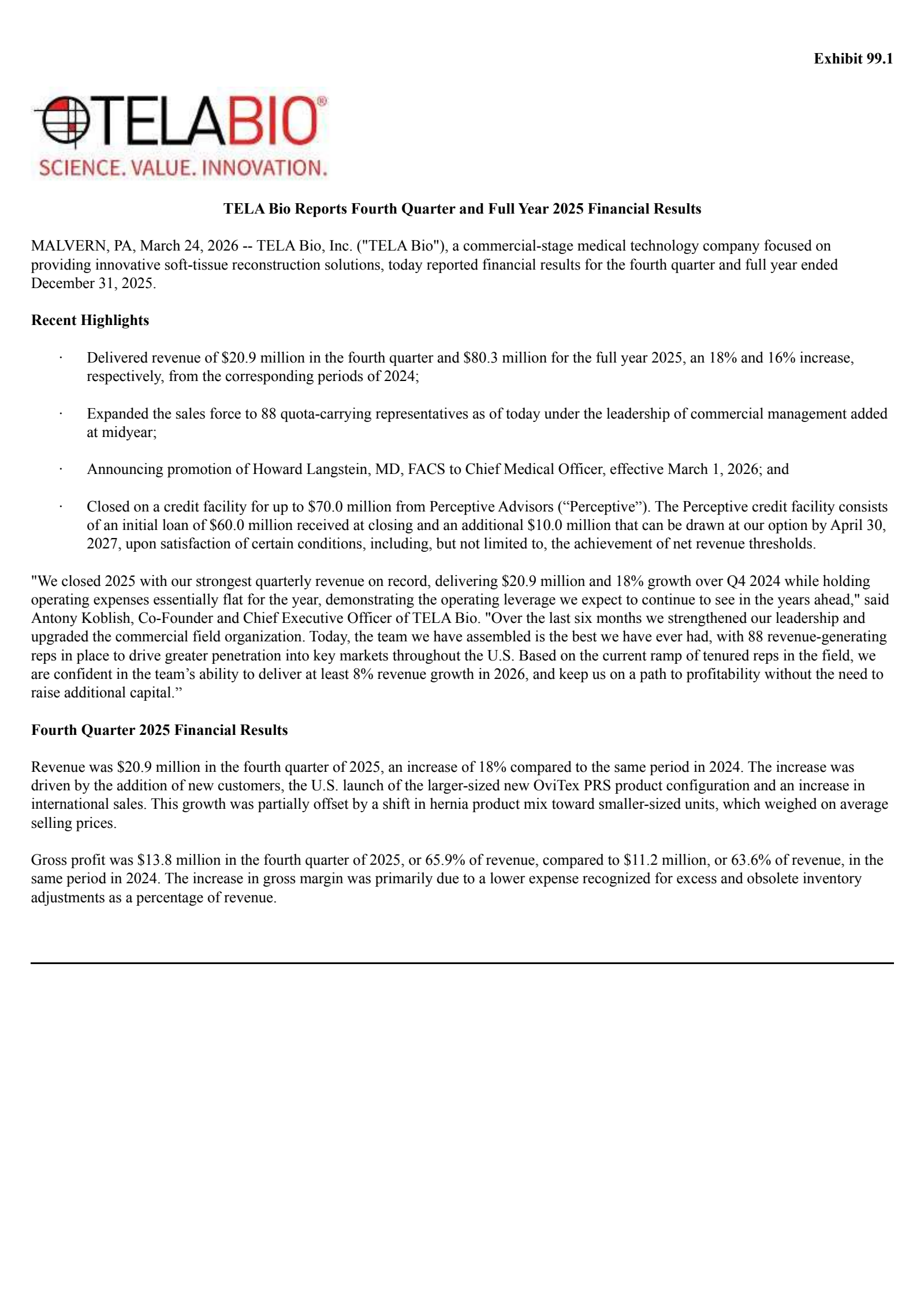 TELA Bio's Q4 2025 Press Release