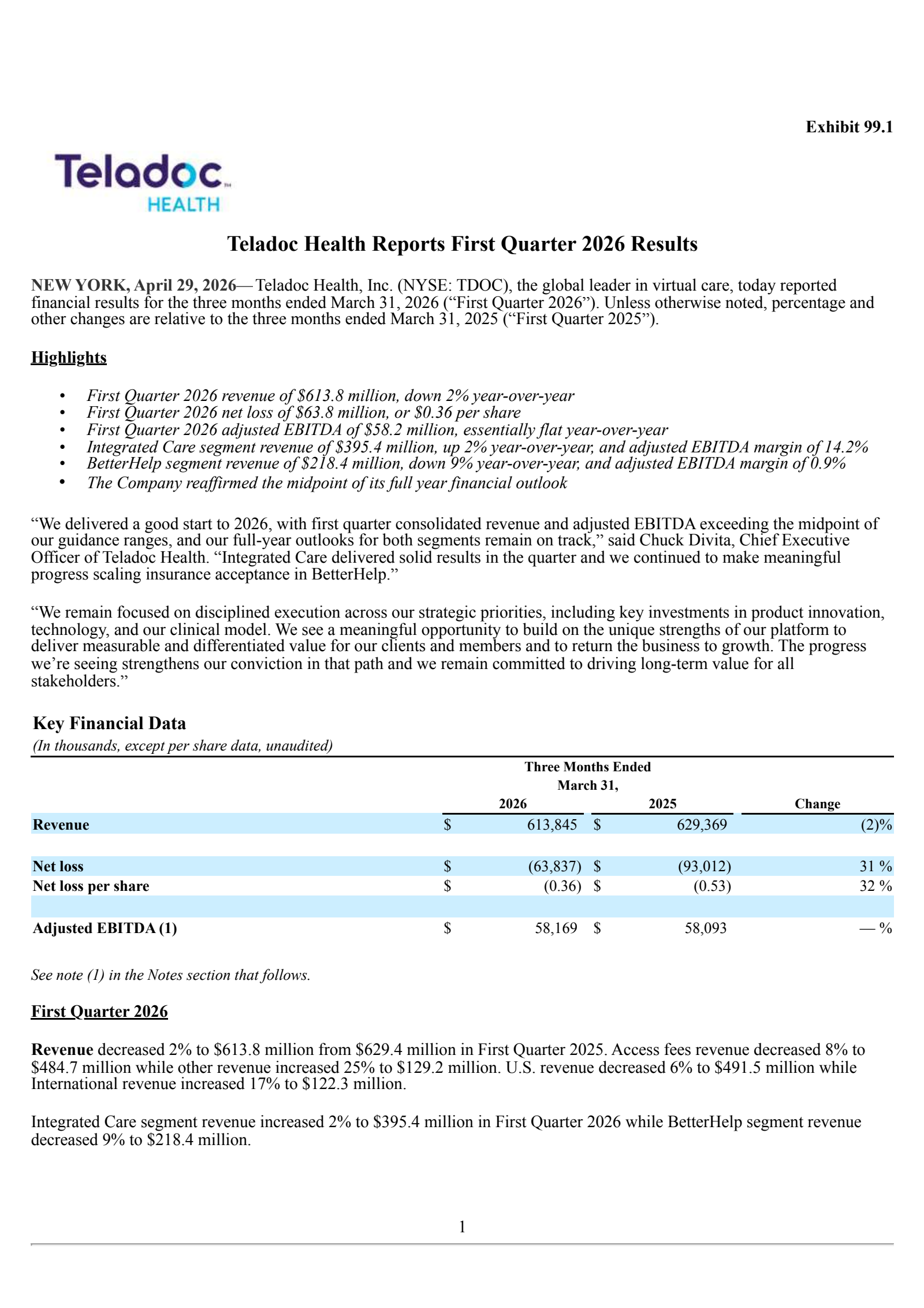 Teladoc Health's Q1 2026 Press Release
