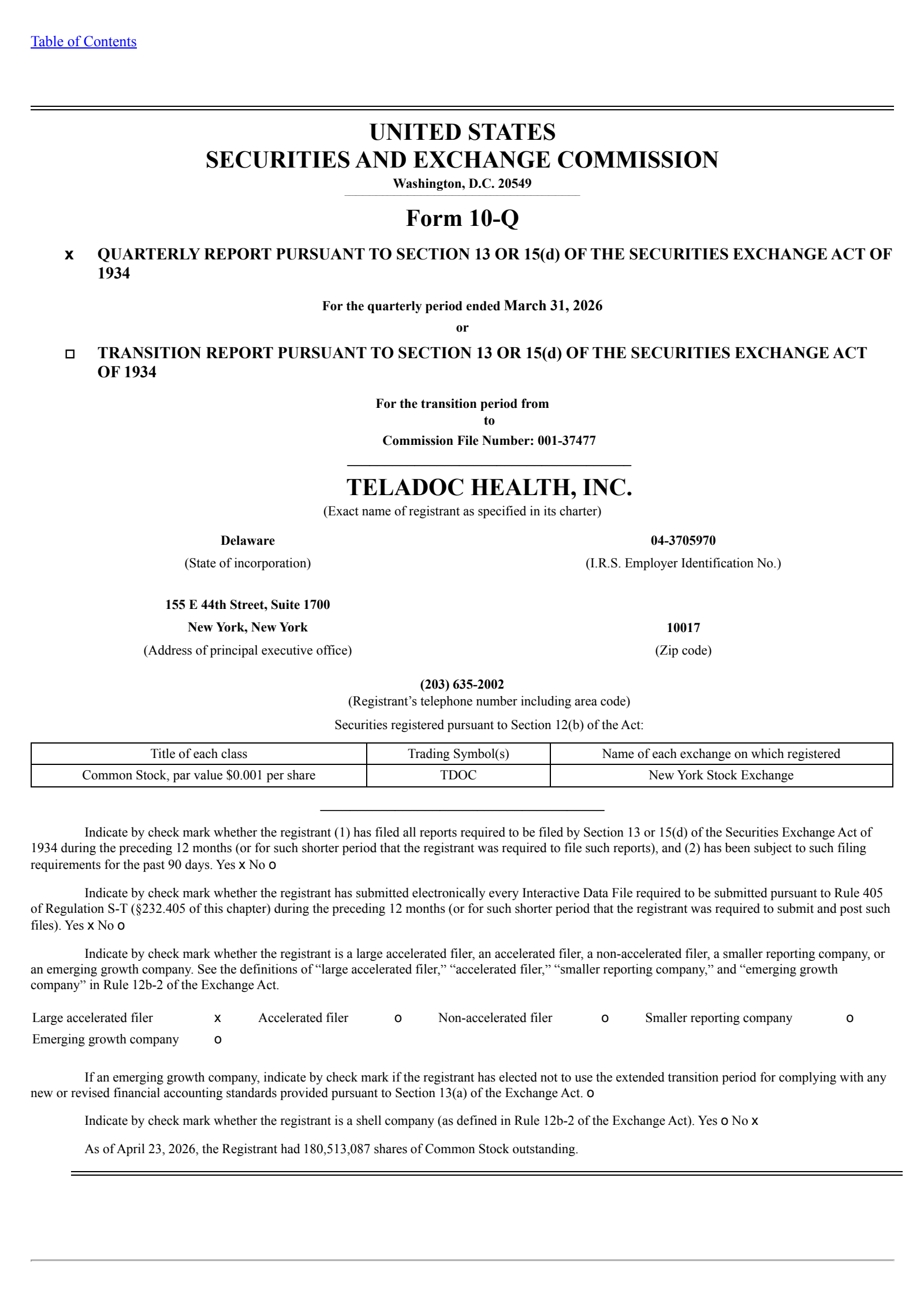 Teladoc Health's Q1 2026 Quarterly report