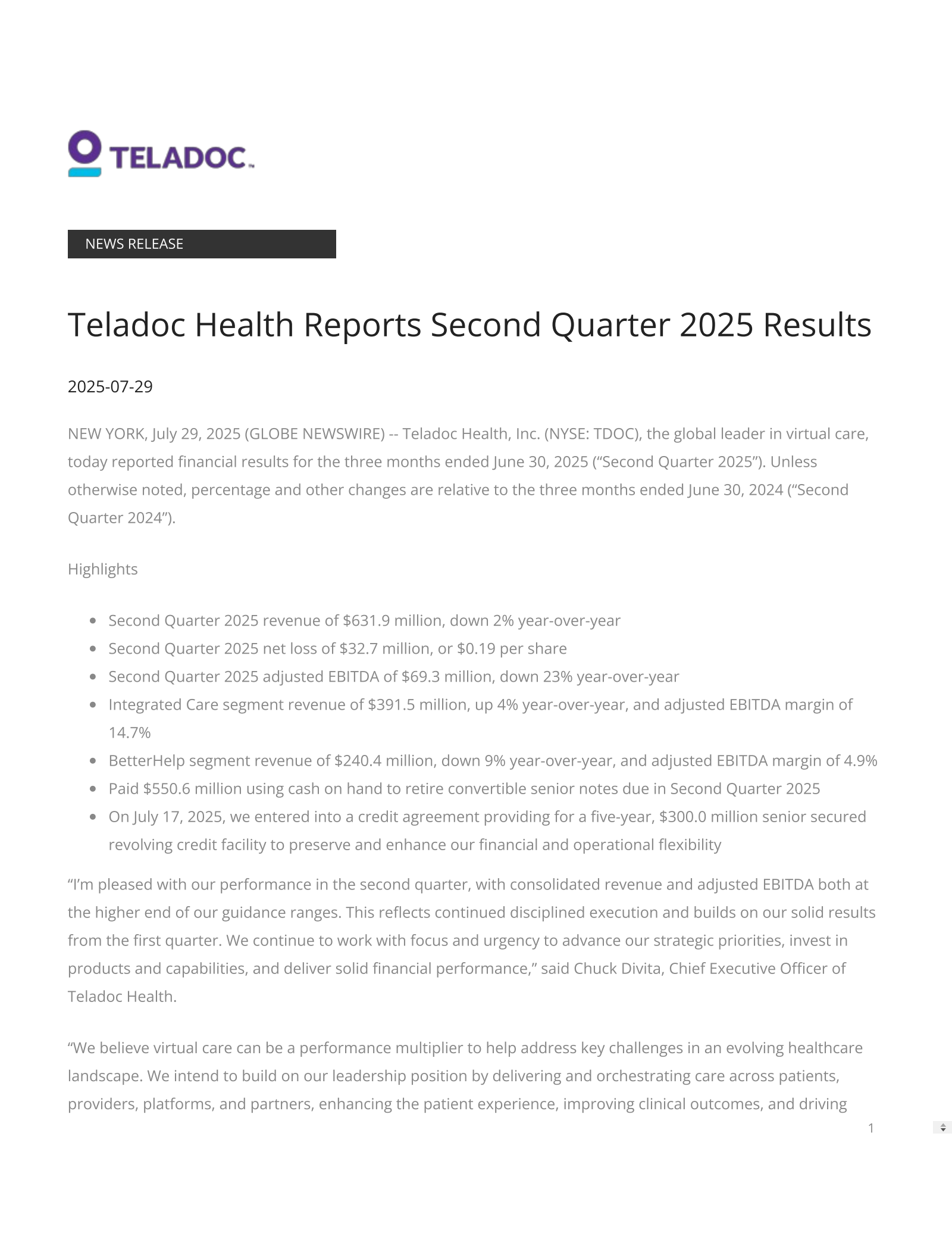 Teladoc Health's Q2 2025 Press Release