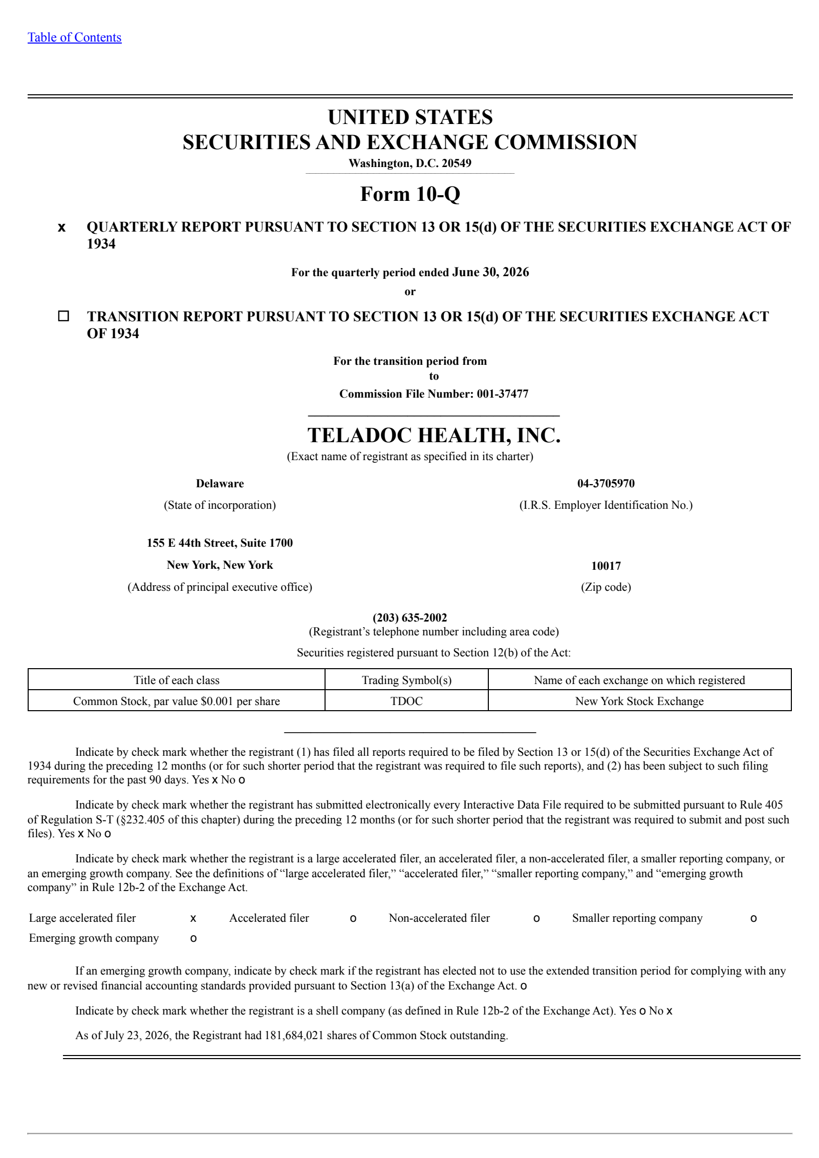 Teladoc Health's Q2 2026 Quarterly report