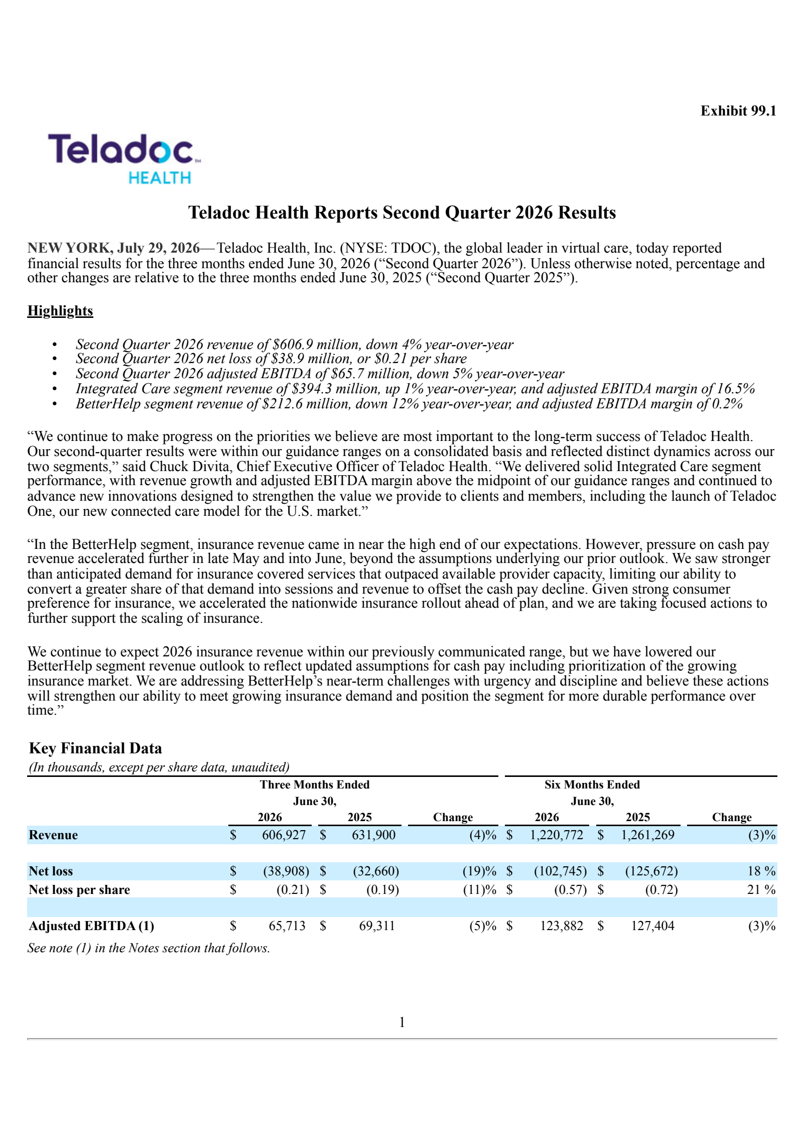 Teladoc Health's Q2 2026 Press Release