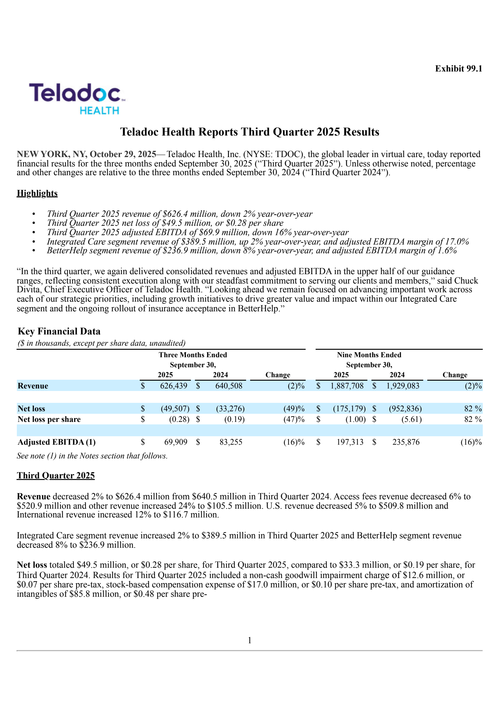 Teladoc Health's Q3 2025 Earnings Release
