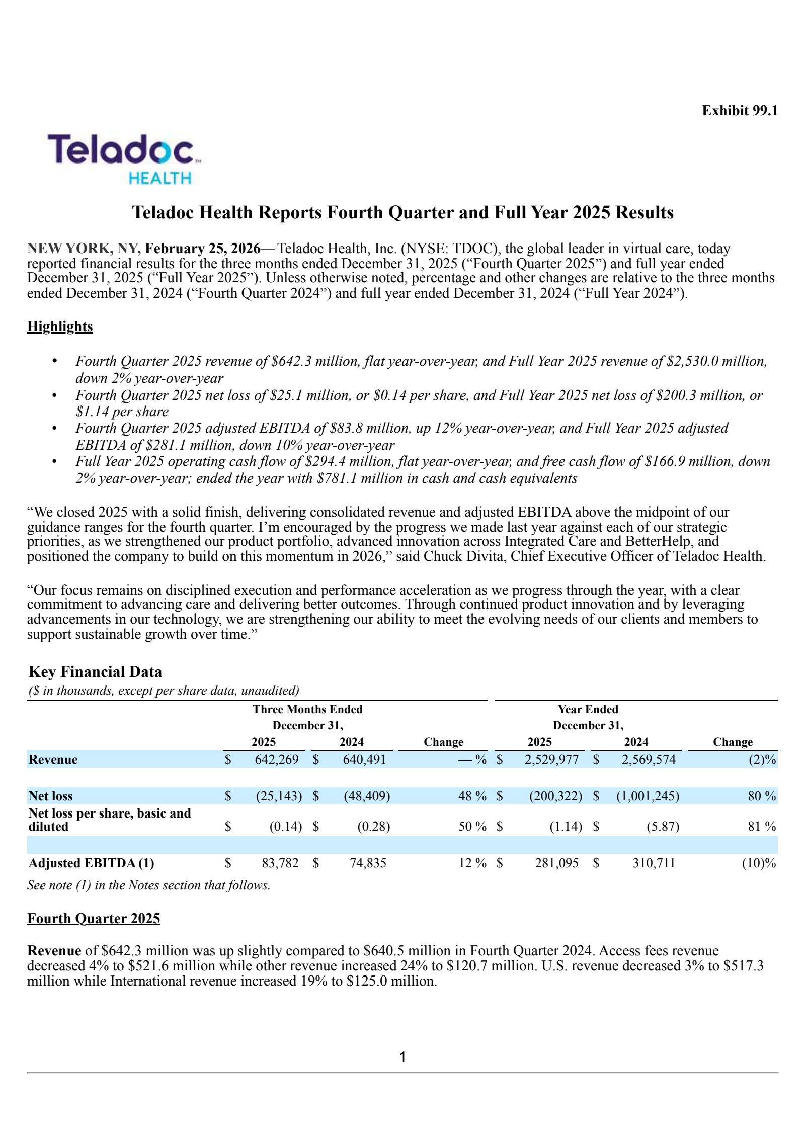 Teladoc Health's Q4 2025 Press Release