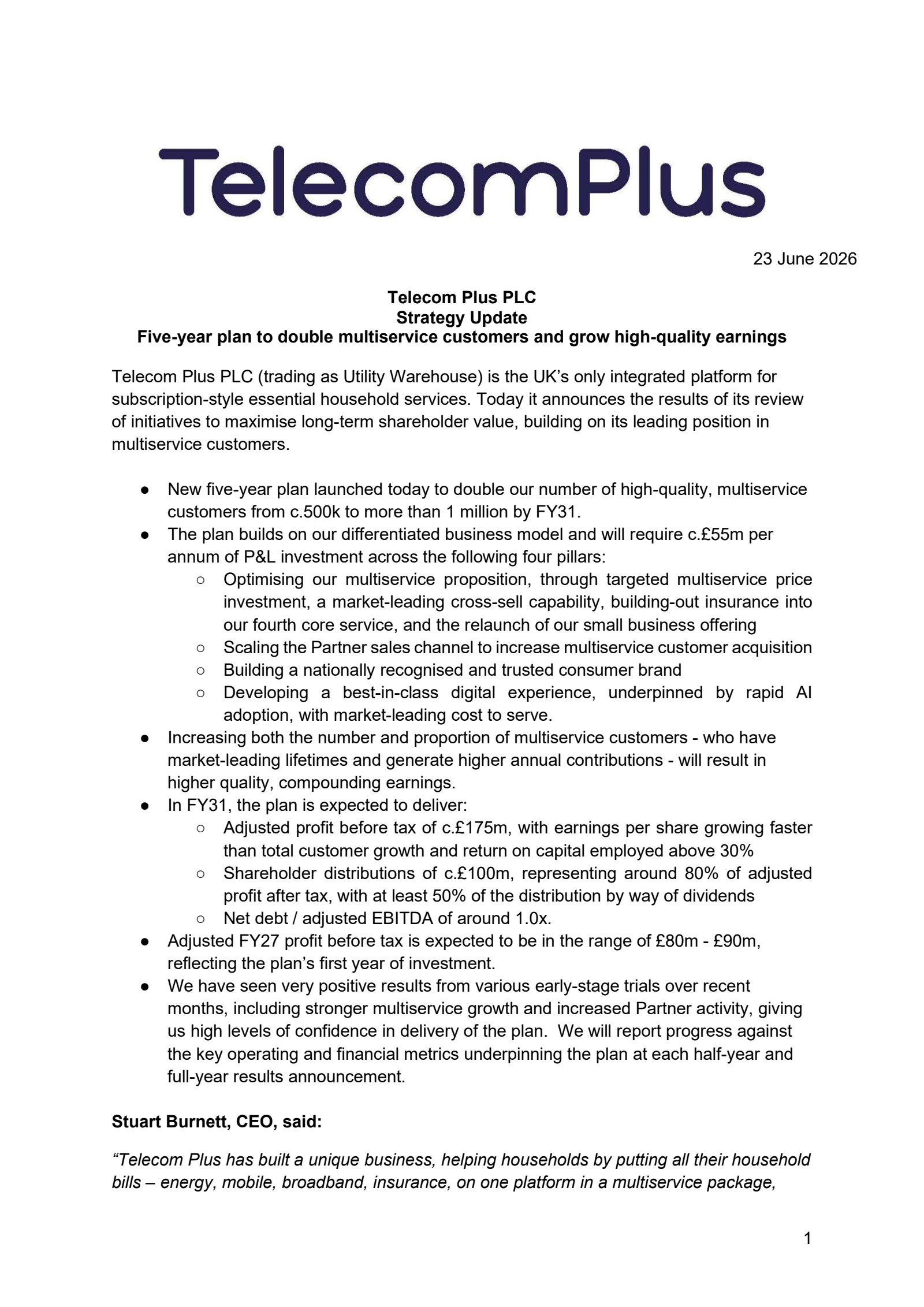 Telecom Plus' H2 2026 & Strategy update Press release
