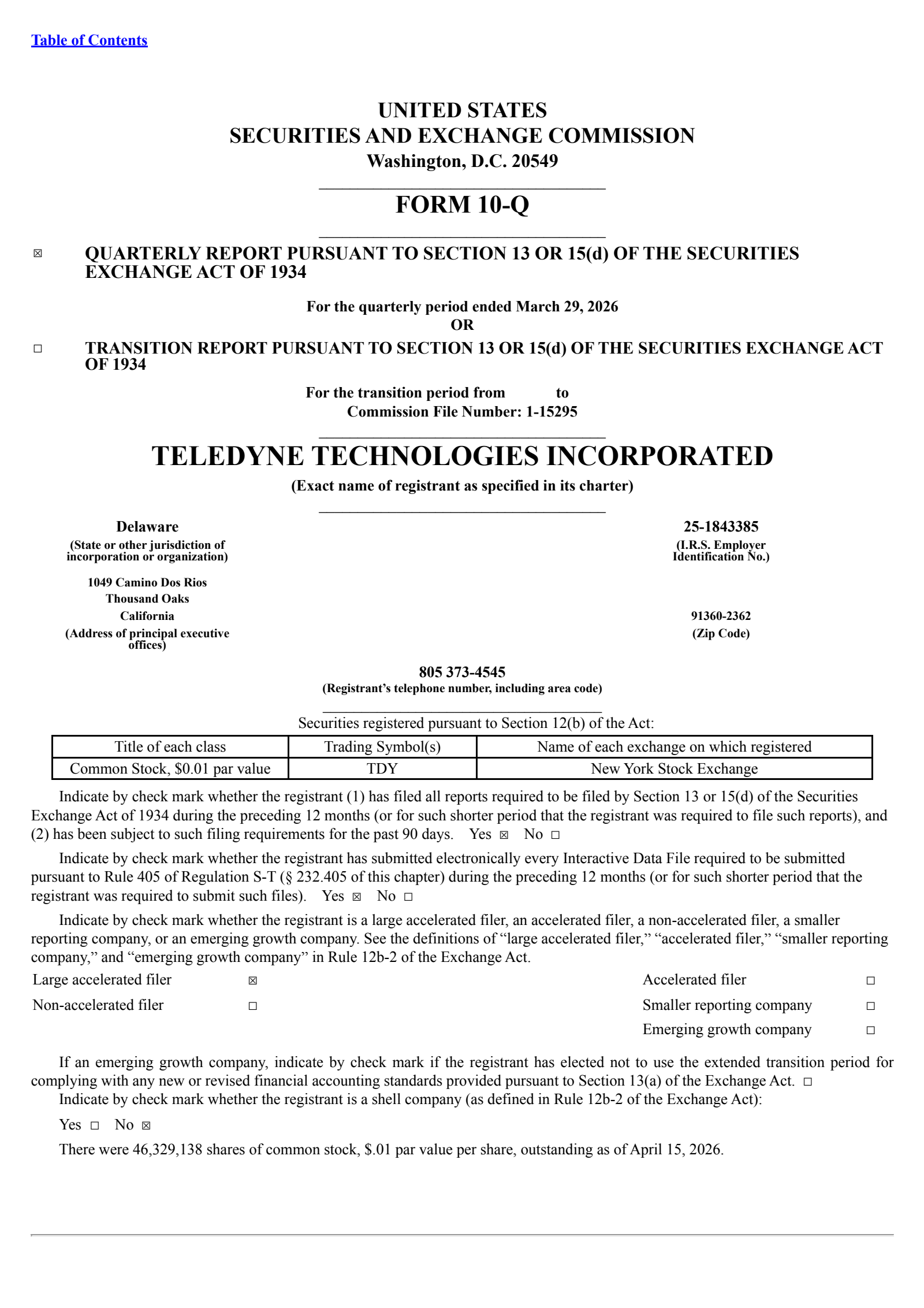 Teledyne Technologies' Q1 2026 Quarterly report
