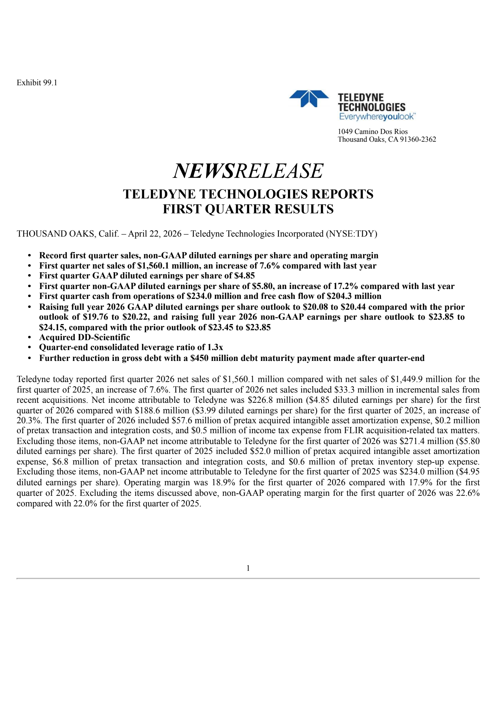 Teledyne Technologies' Q1 2026 Press Release