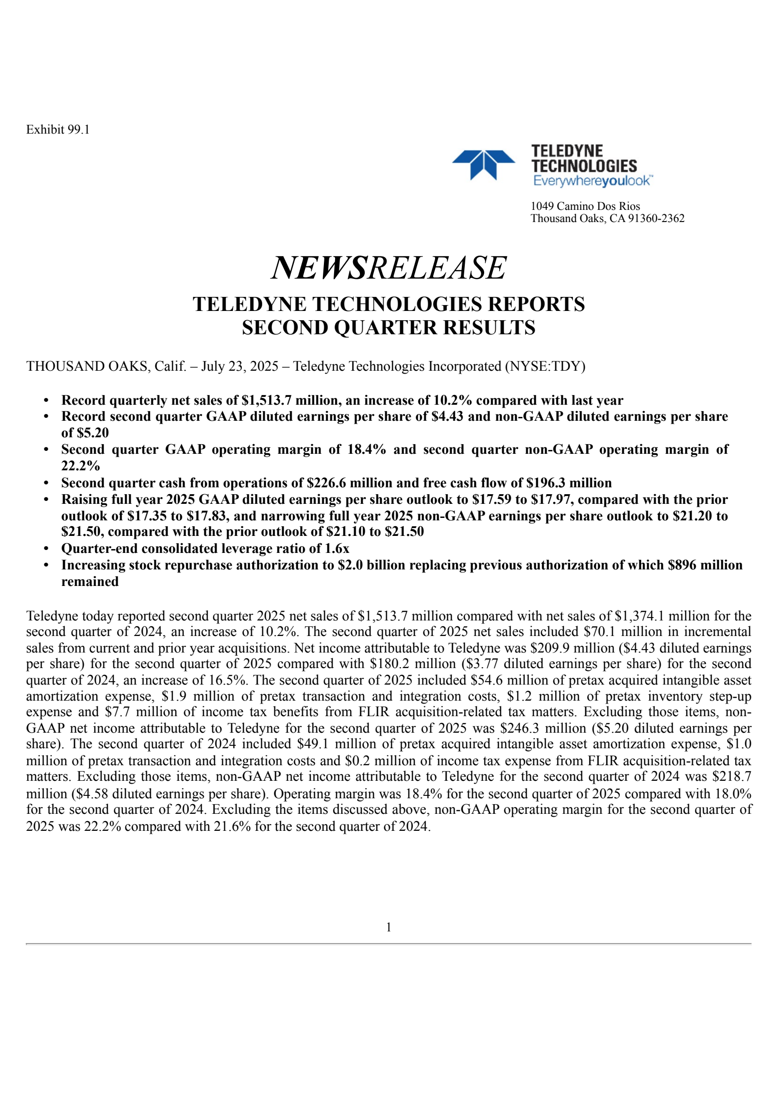 Teledyne Technologies' Q2 2025 Press Release