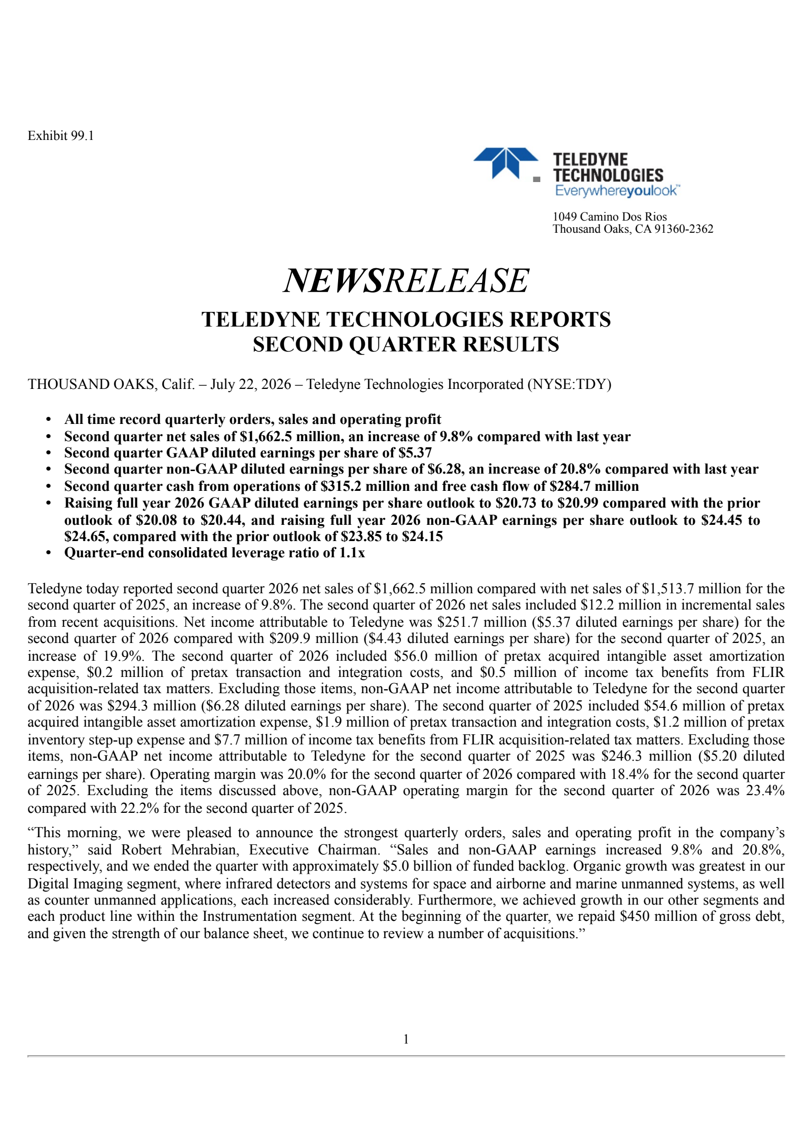 Teledyne Technologies' Q2 2026 Press Release