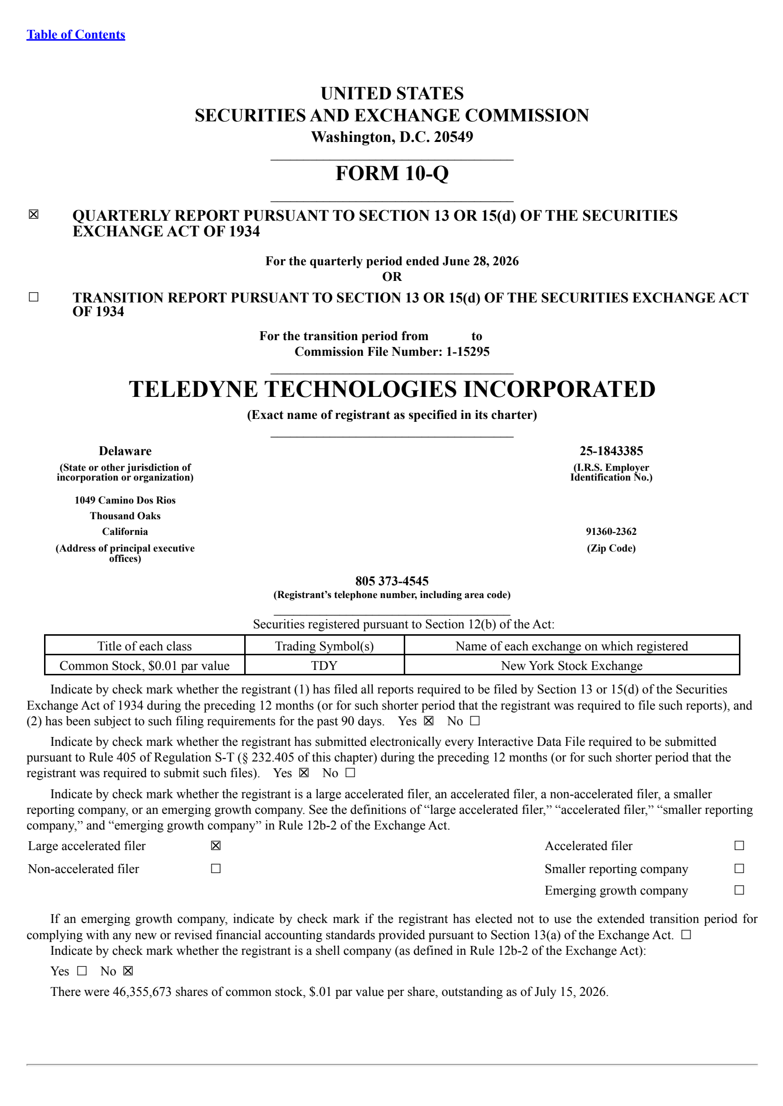 Teledyne Technologies' Q2 2026 Quarterly report