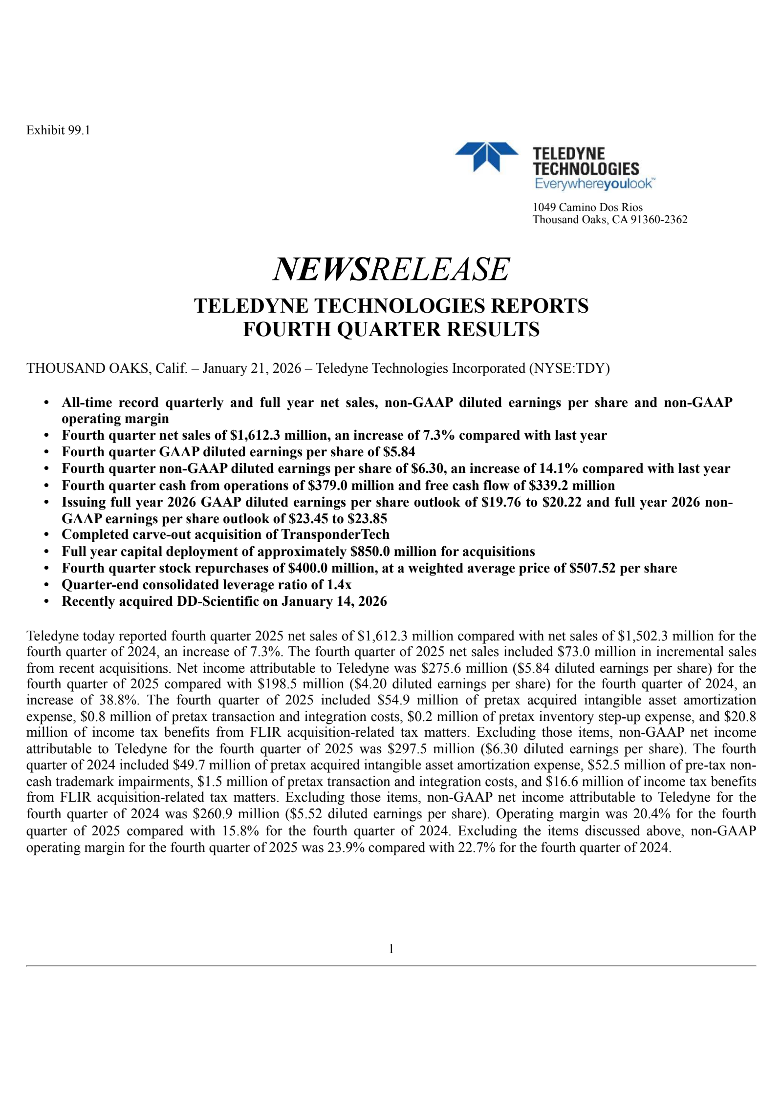 Teledyne Technologies' Q4 2025 Press Release