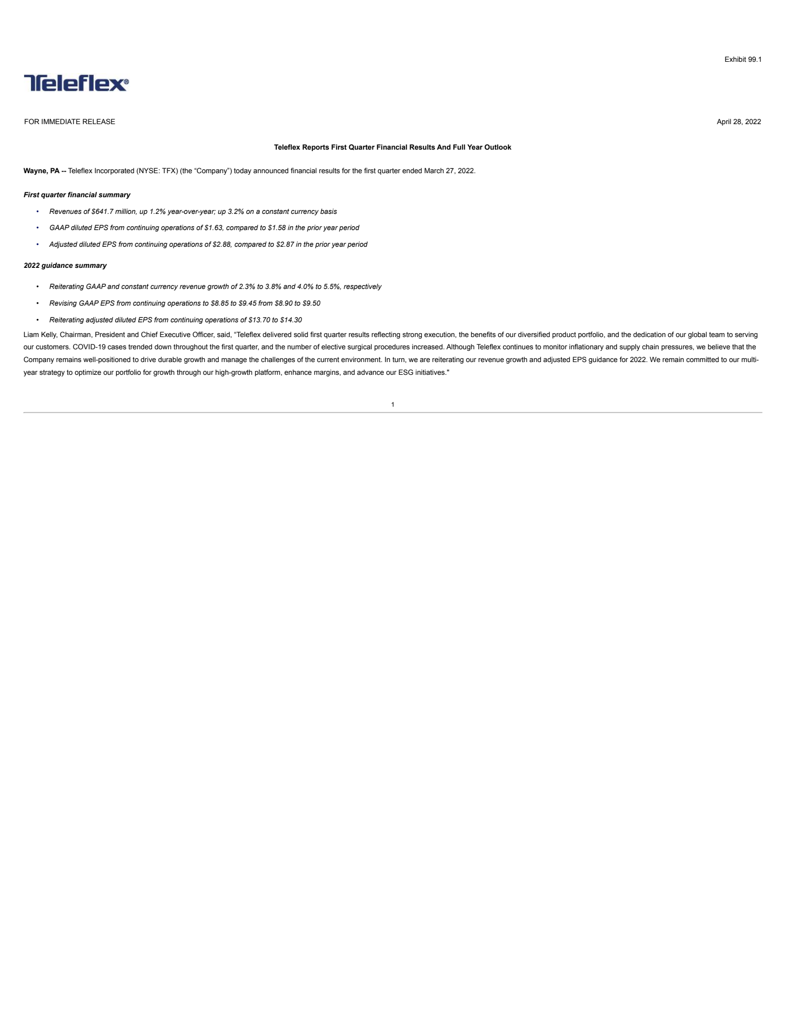 Teleflex's Q1 2022 Press Release