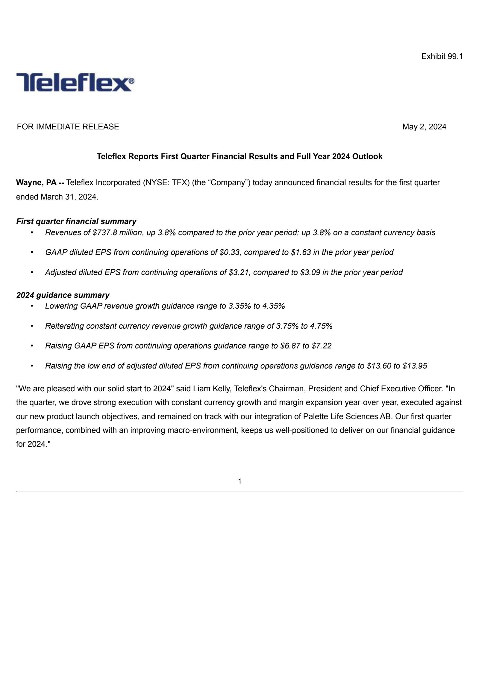 Teleflex's Q1 2024 Press Release