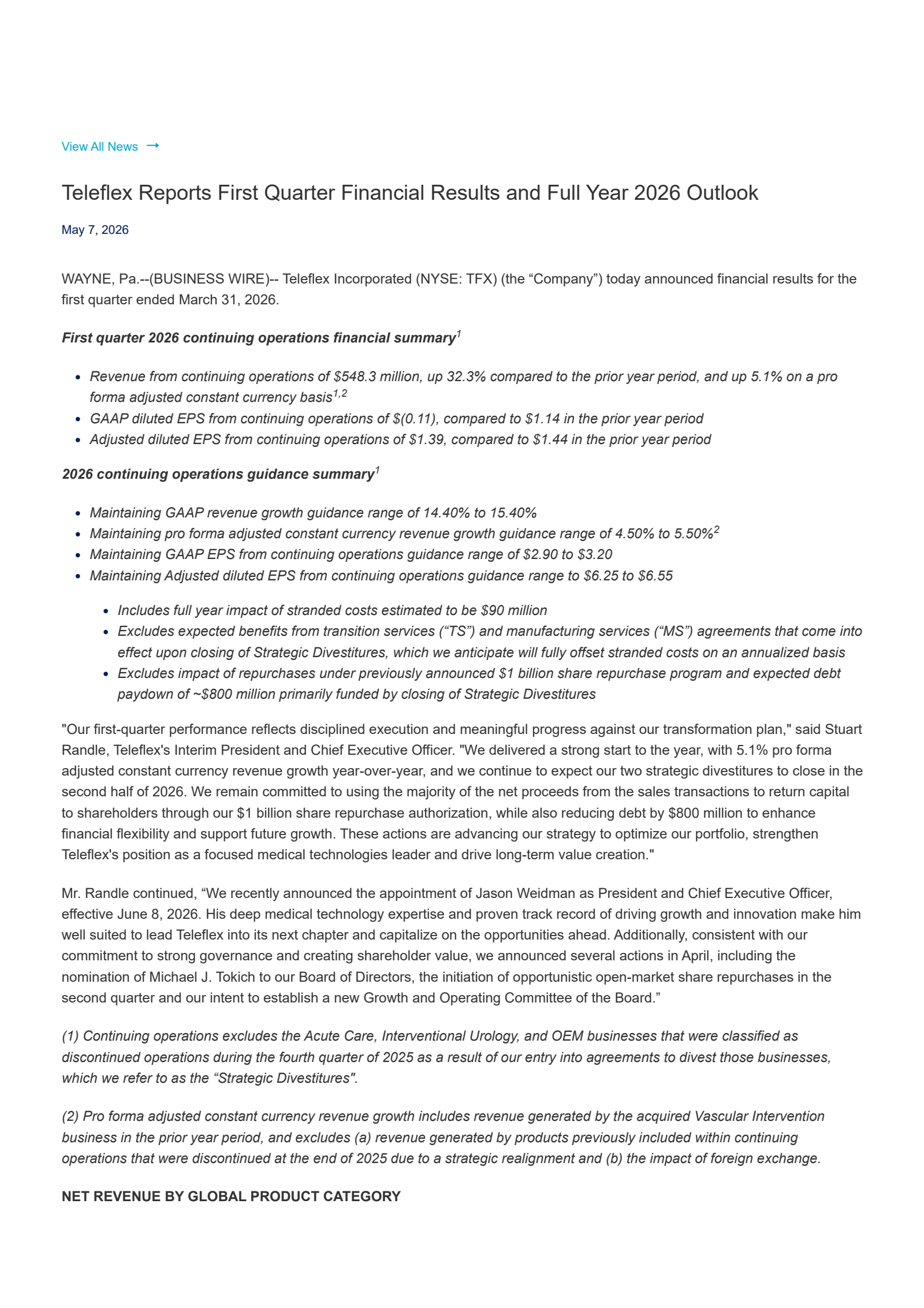 Teleflex's Q1 2026 Press Release