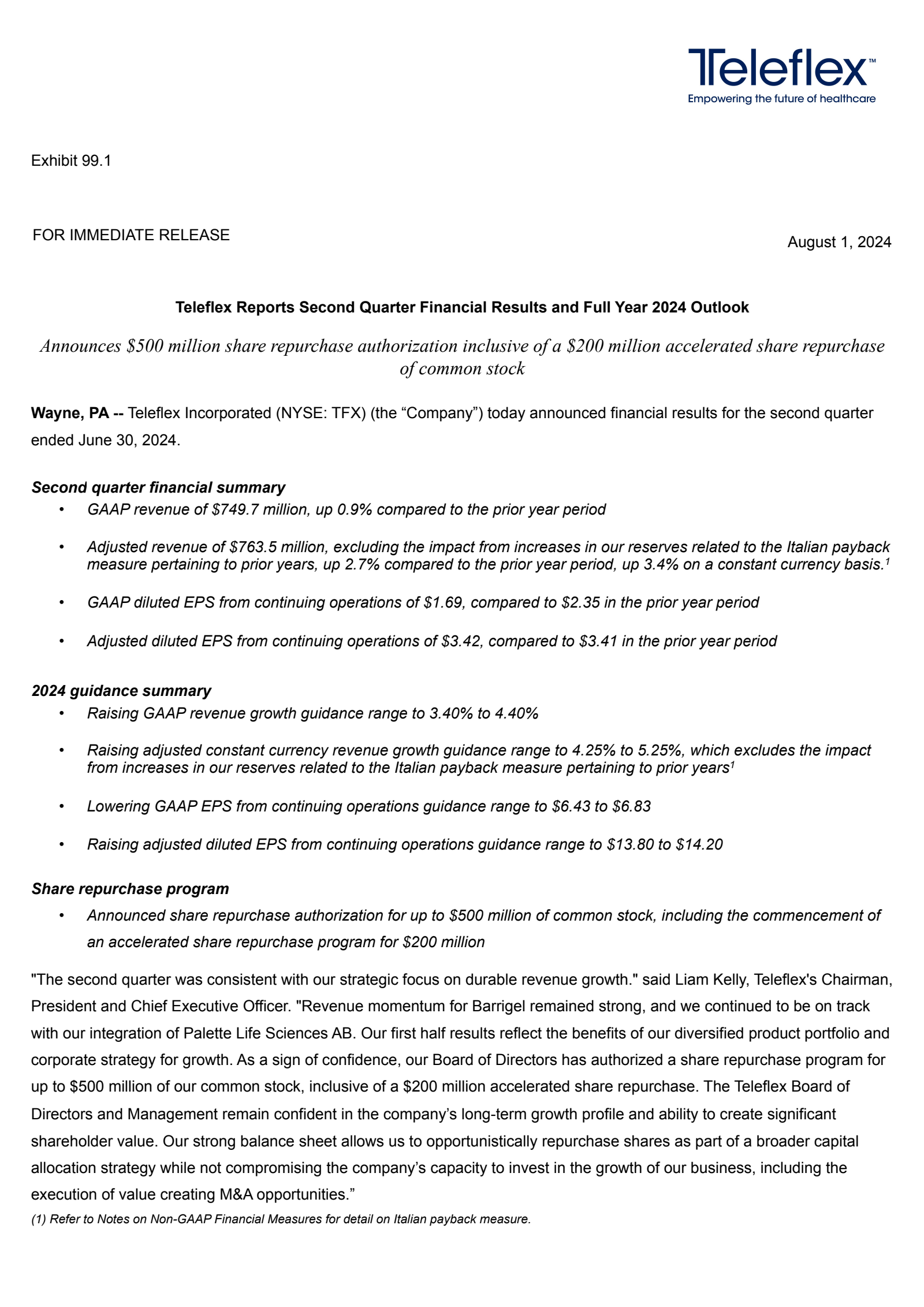 Teleflex Stock TFX Q2 2024 Earnings Report on 8/1/2024
