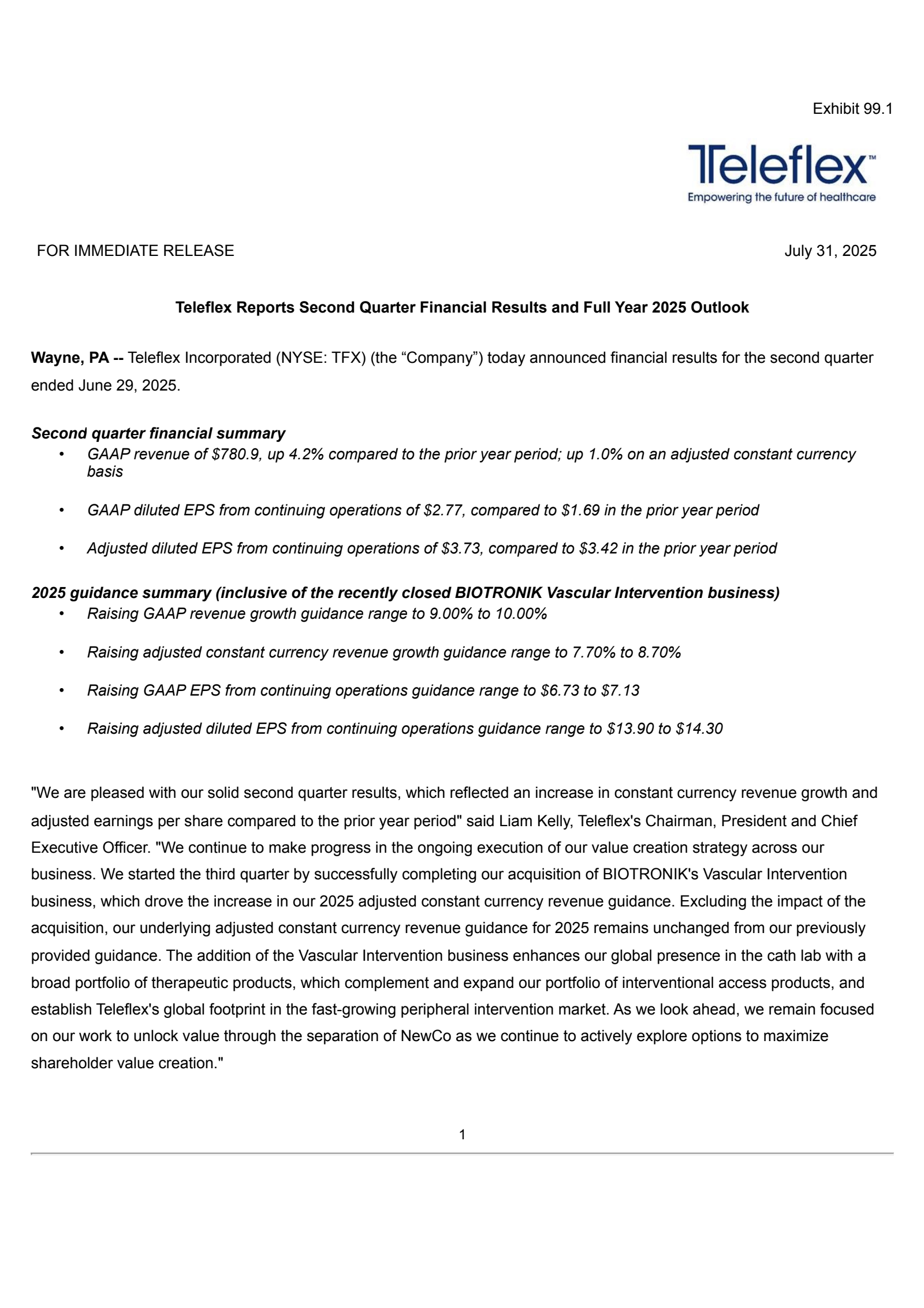 Teleflex's Q2 2025 Press Release