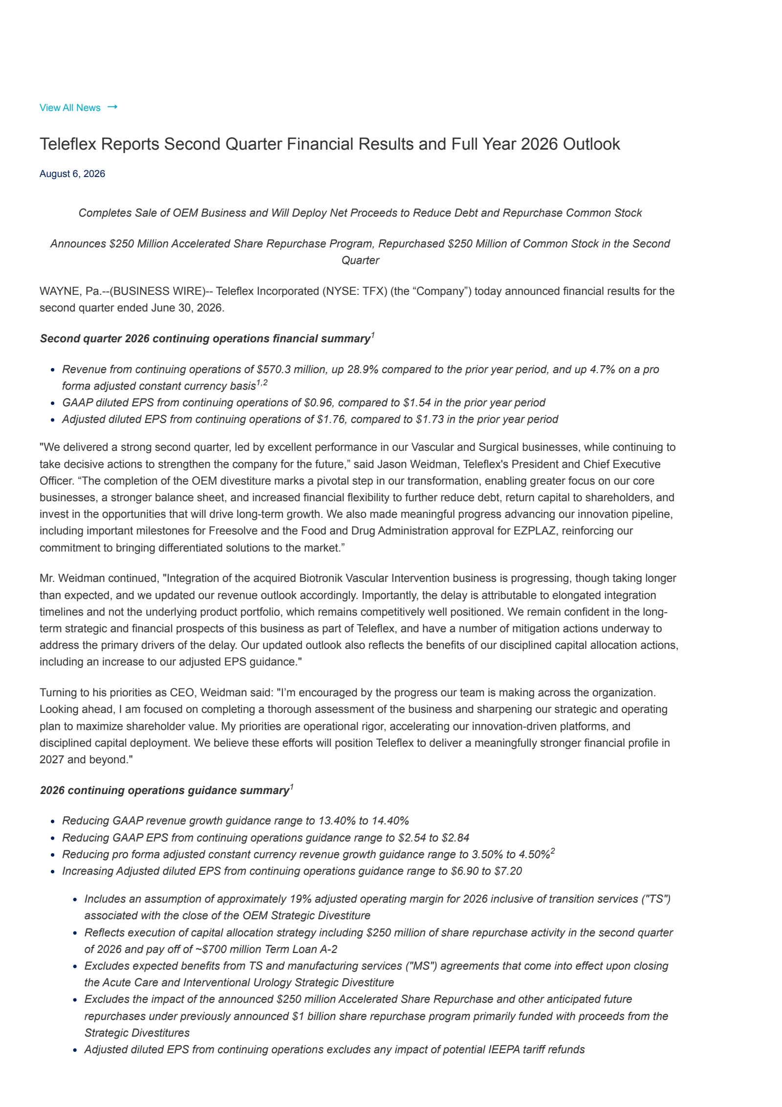 Teleflex's Q2 2026 Press Release