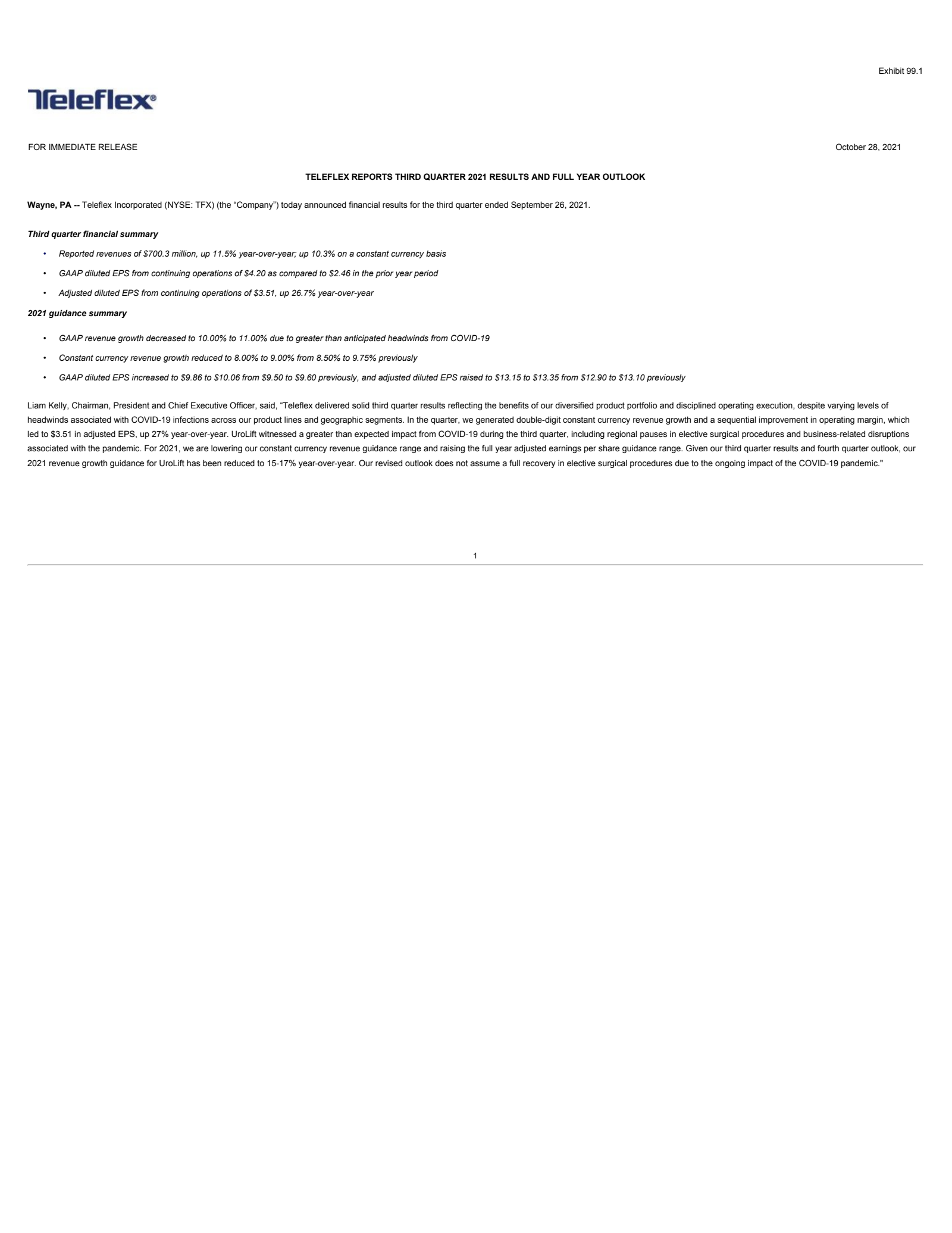 Teleflex's Q3 2021 Press Release