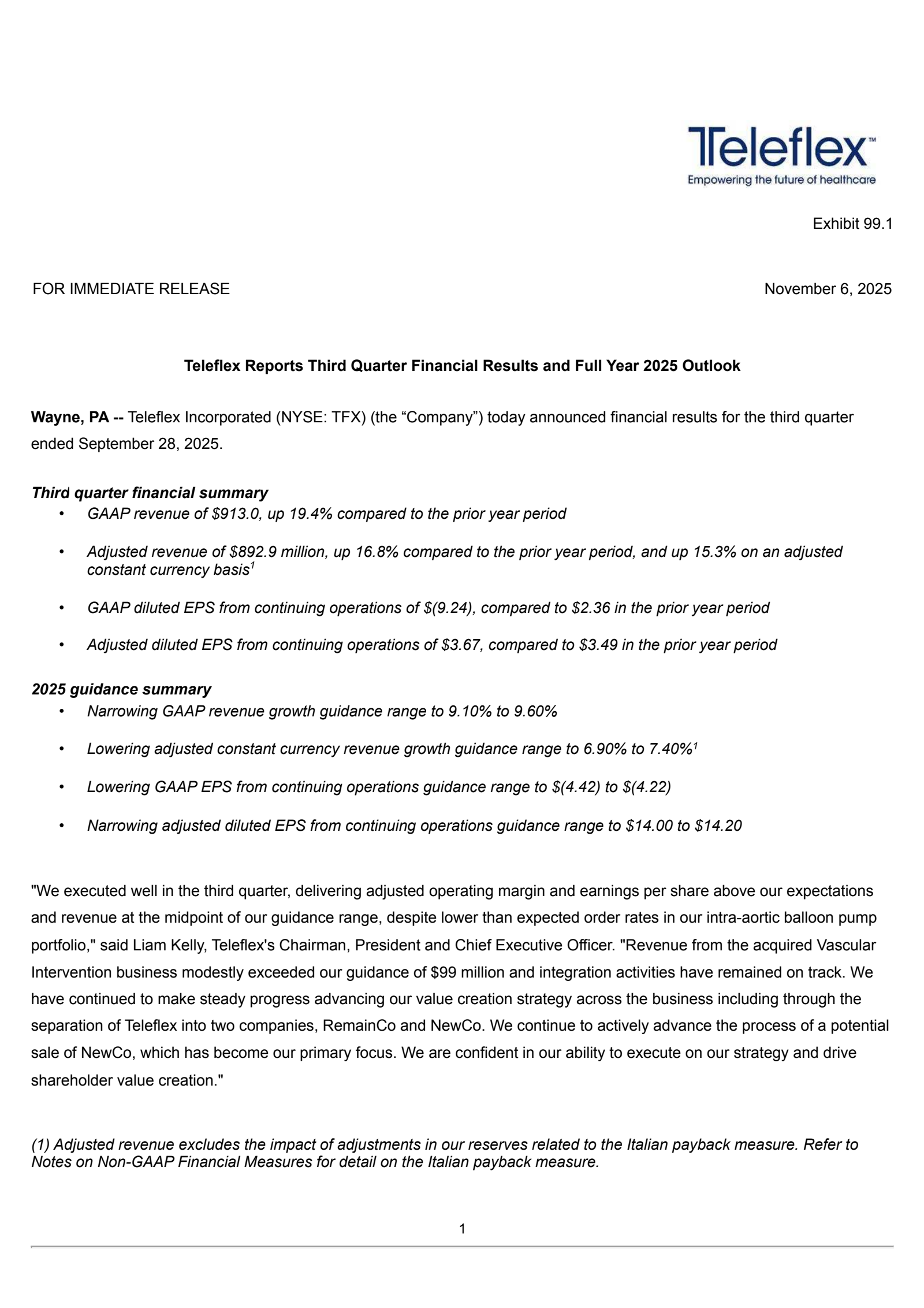 Teleflex's Q3 2025 Earnings Release