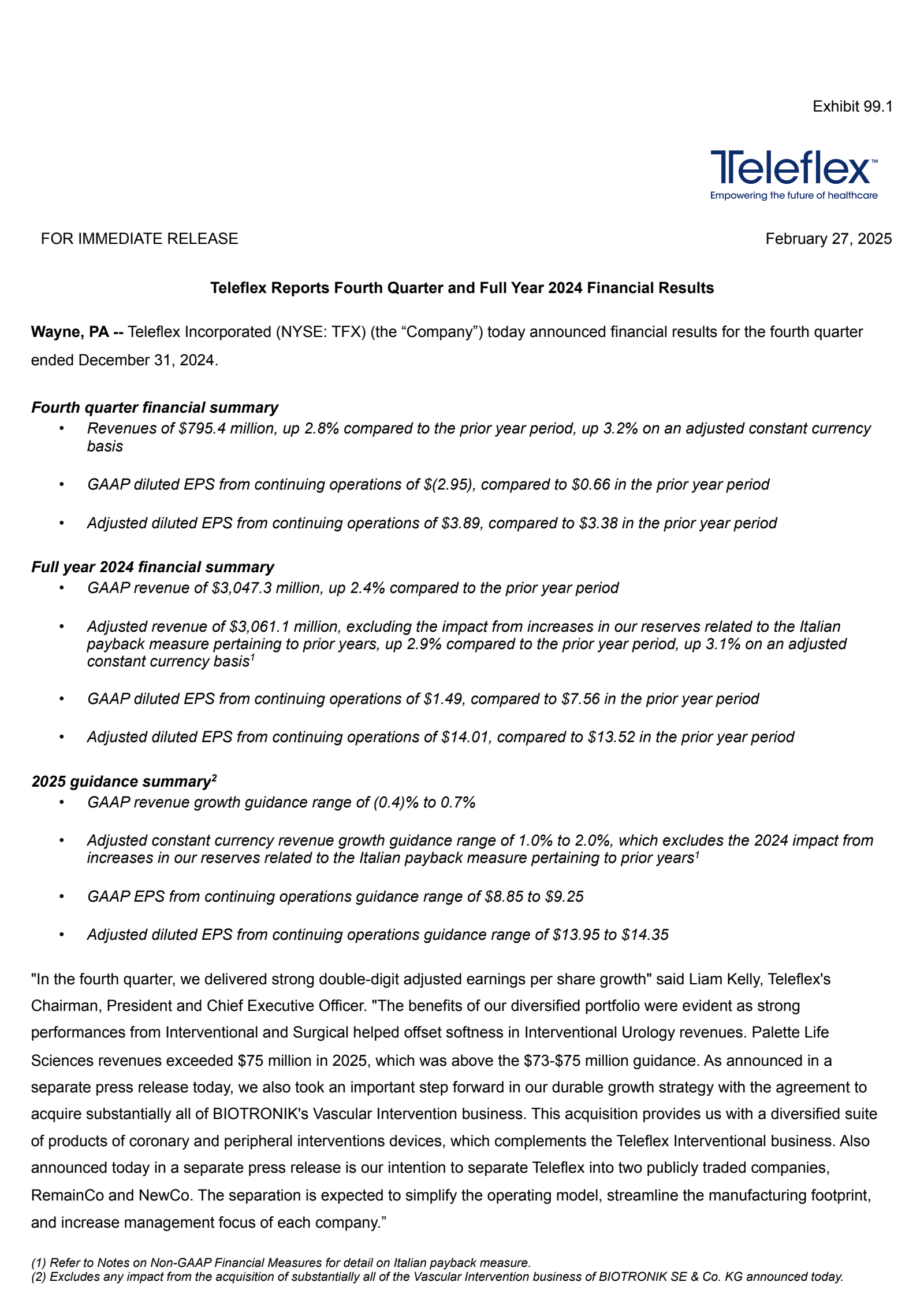 Teleflex Stock TFX Q4 2024 Earnings Report on 2/27/2025