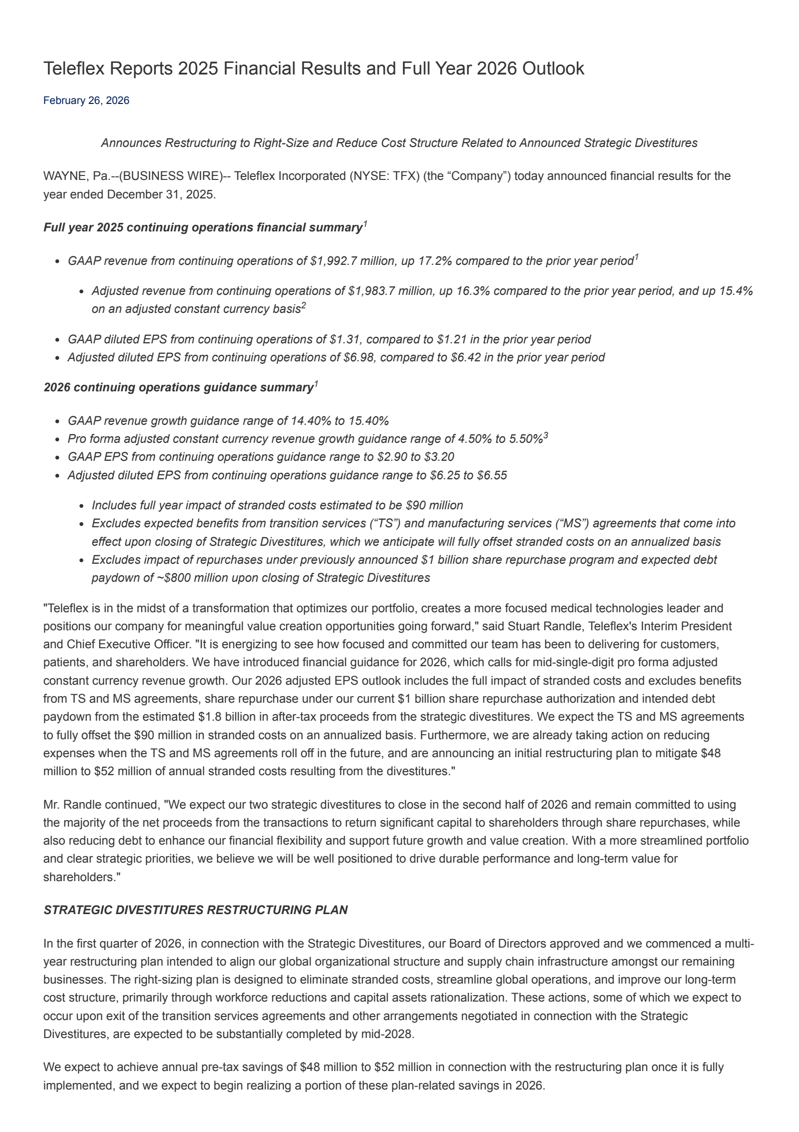 Teleflex's Q4 2025 Press Release
