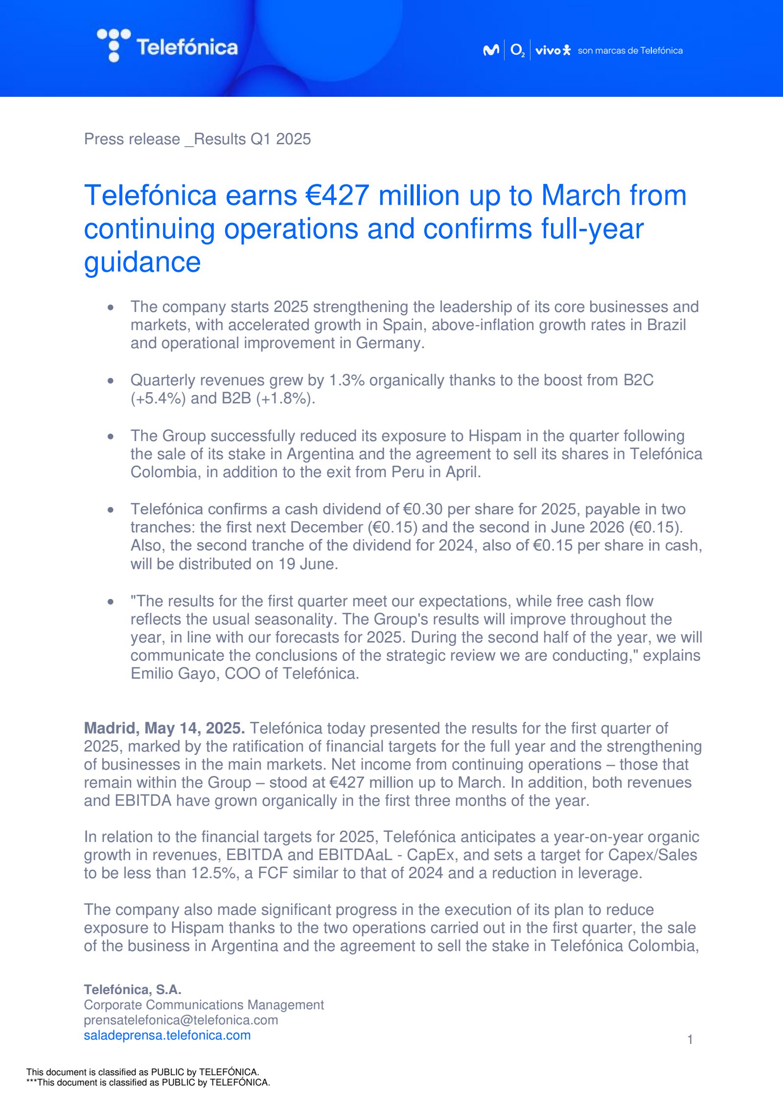 Telefonica's Q1 2025 Press Release
