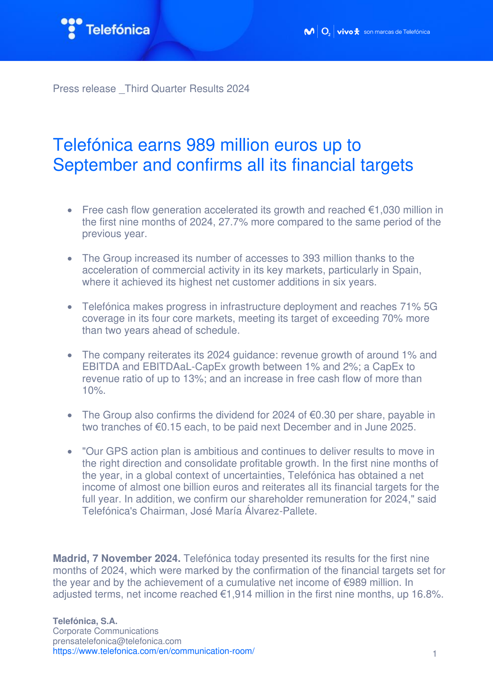 Telefonica's Q3 2024 Press Release