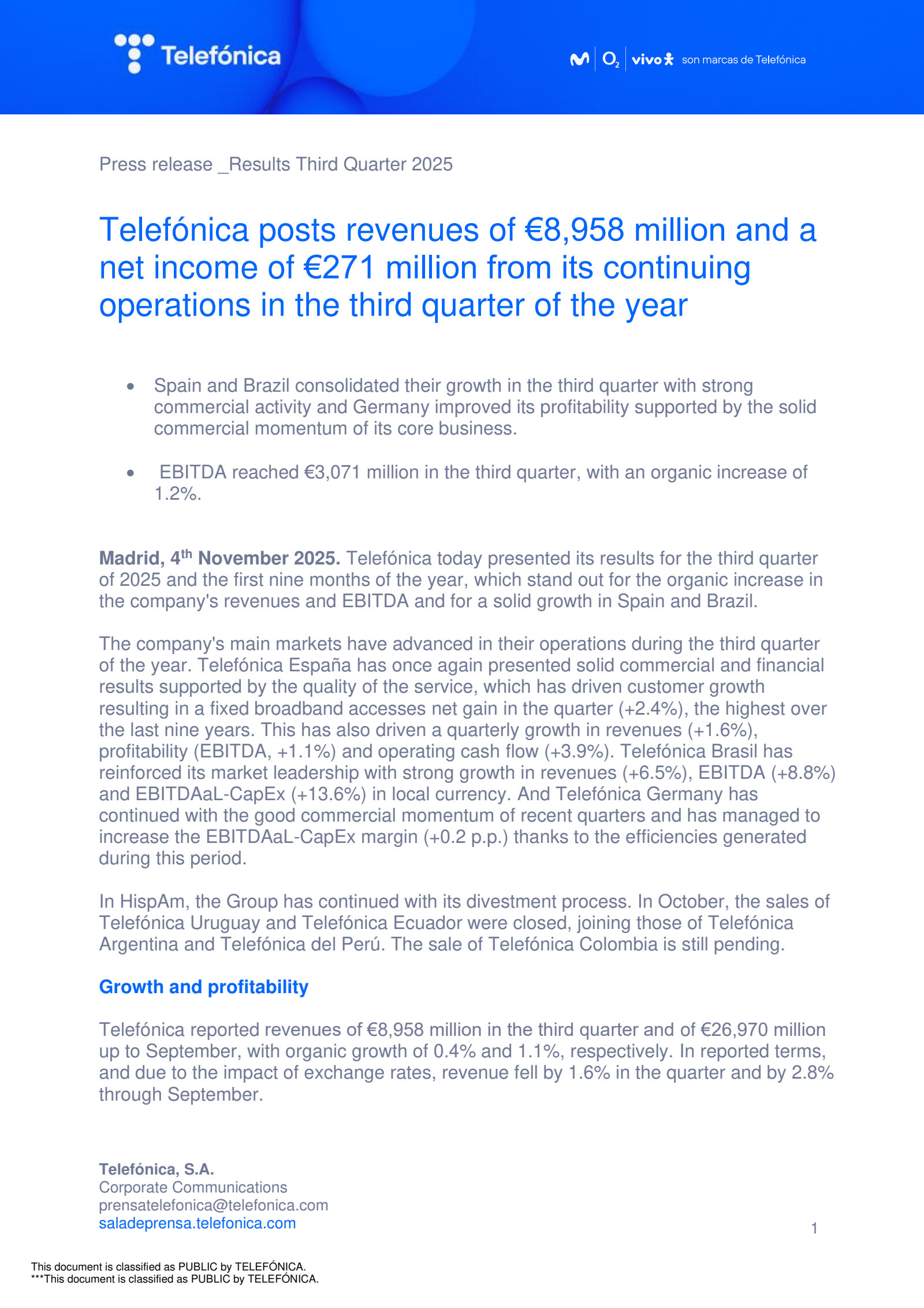 Telefonica's Q3 2025 Press Release