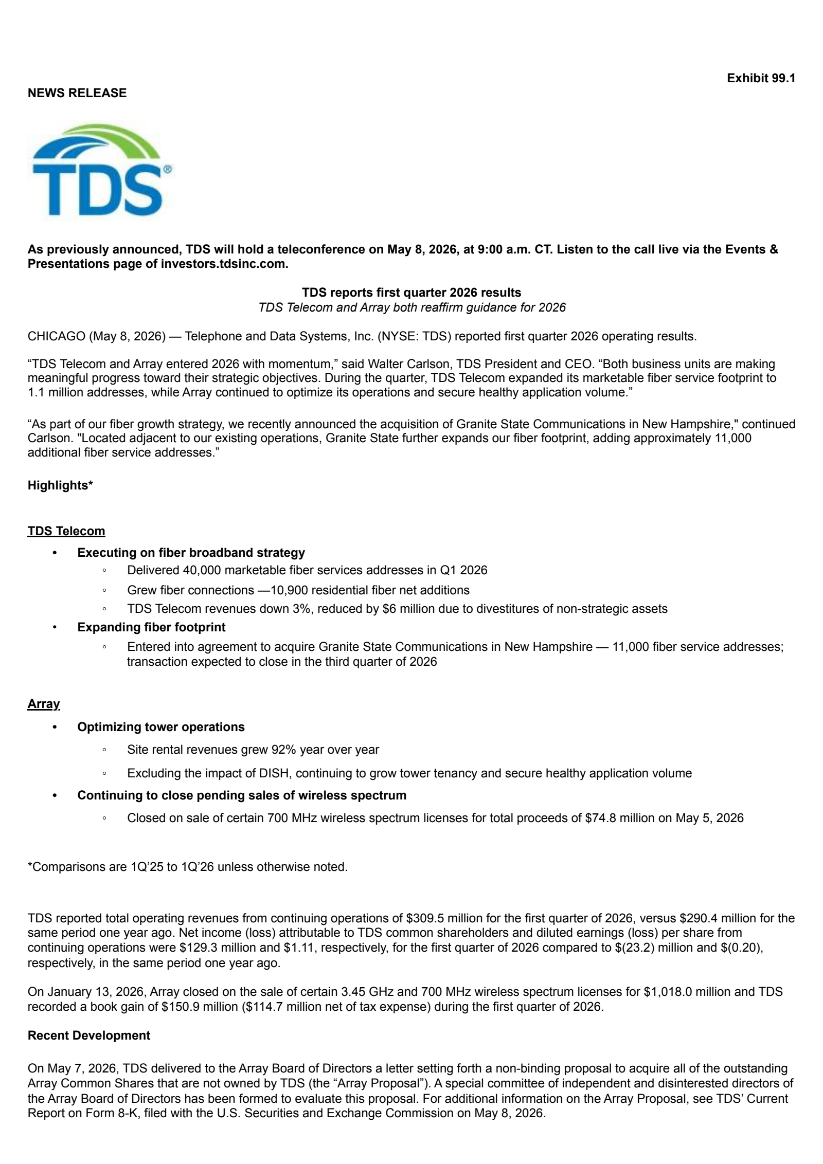 Telephone and Data Systems' Q1 2026 Press Release