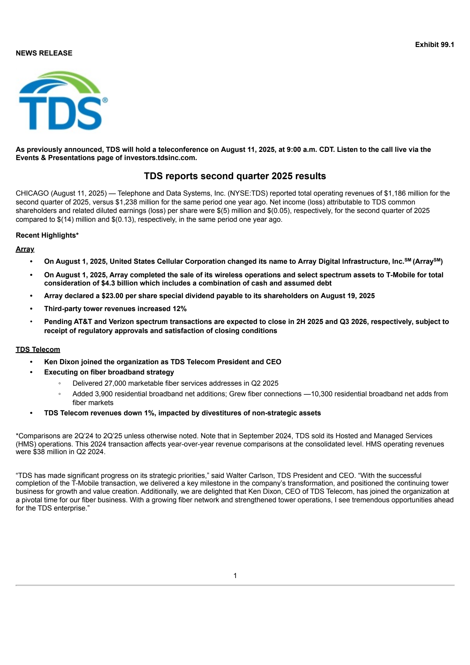 Telephone and Data Systems' Q2 2025 Press Release
