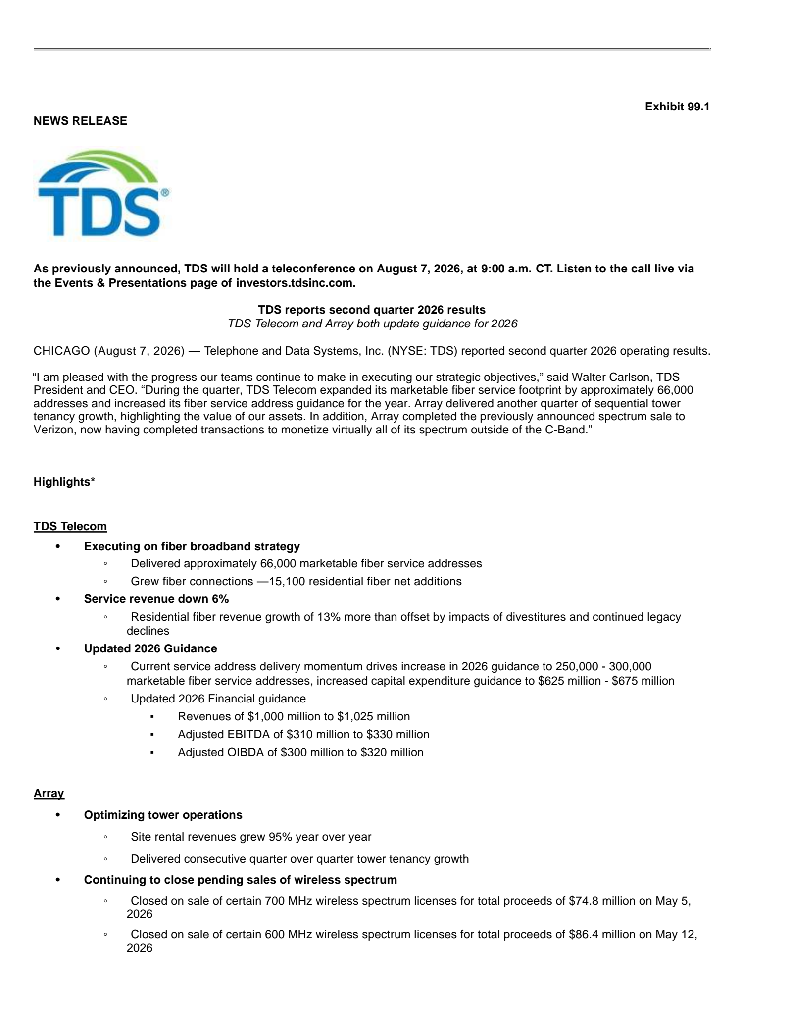 Telephone and Data Systems' Q2 2026 Press Release