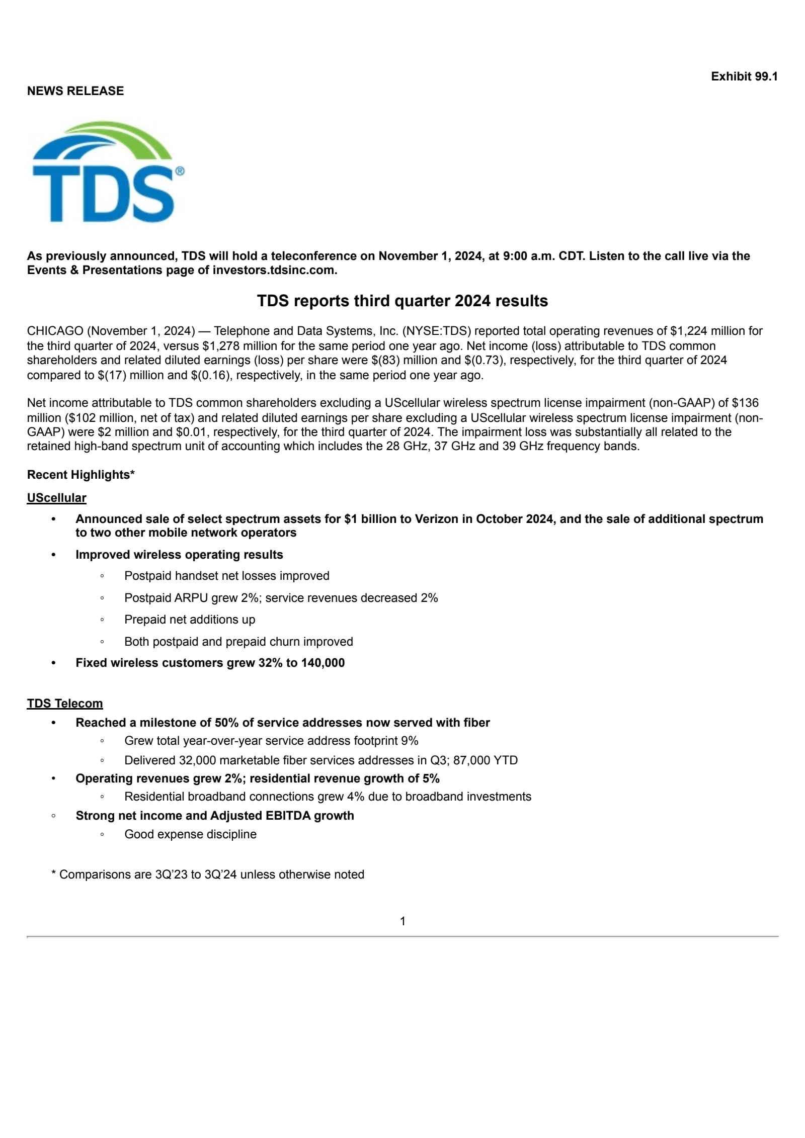 Telephone and Data Systems' Q3 2024 Press Release