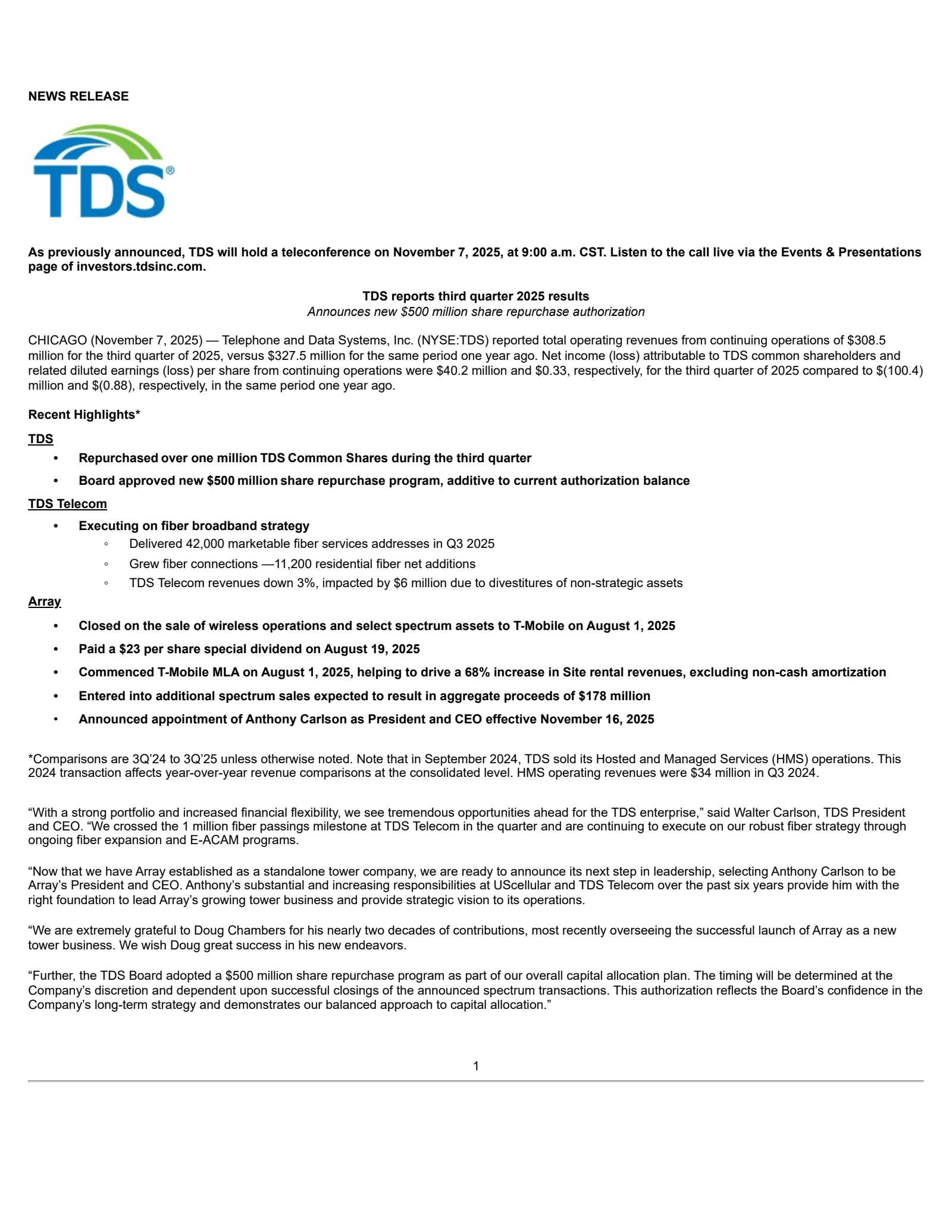 Telephone and Data Systems' Q3 2025 Earnings Release