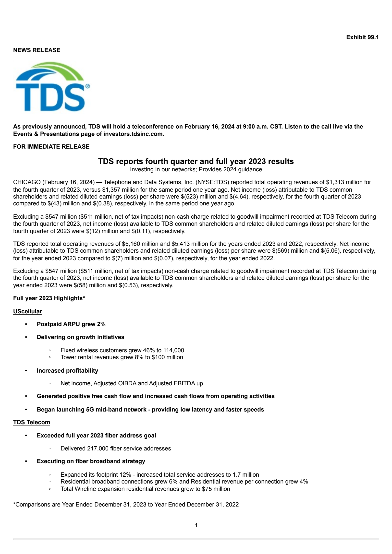 Telephone and Data Systems' Q4 2023 Press Release