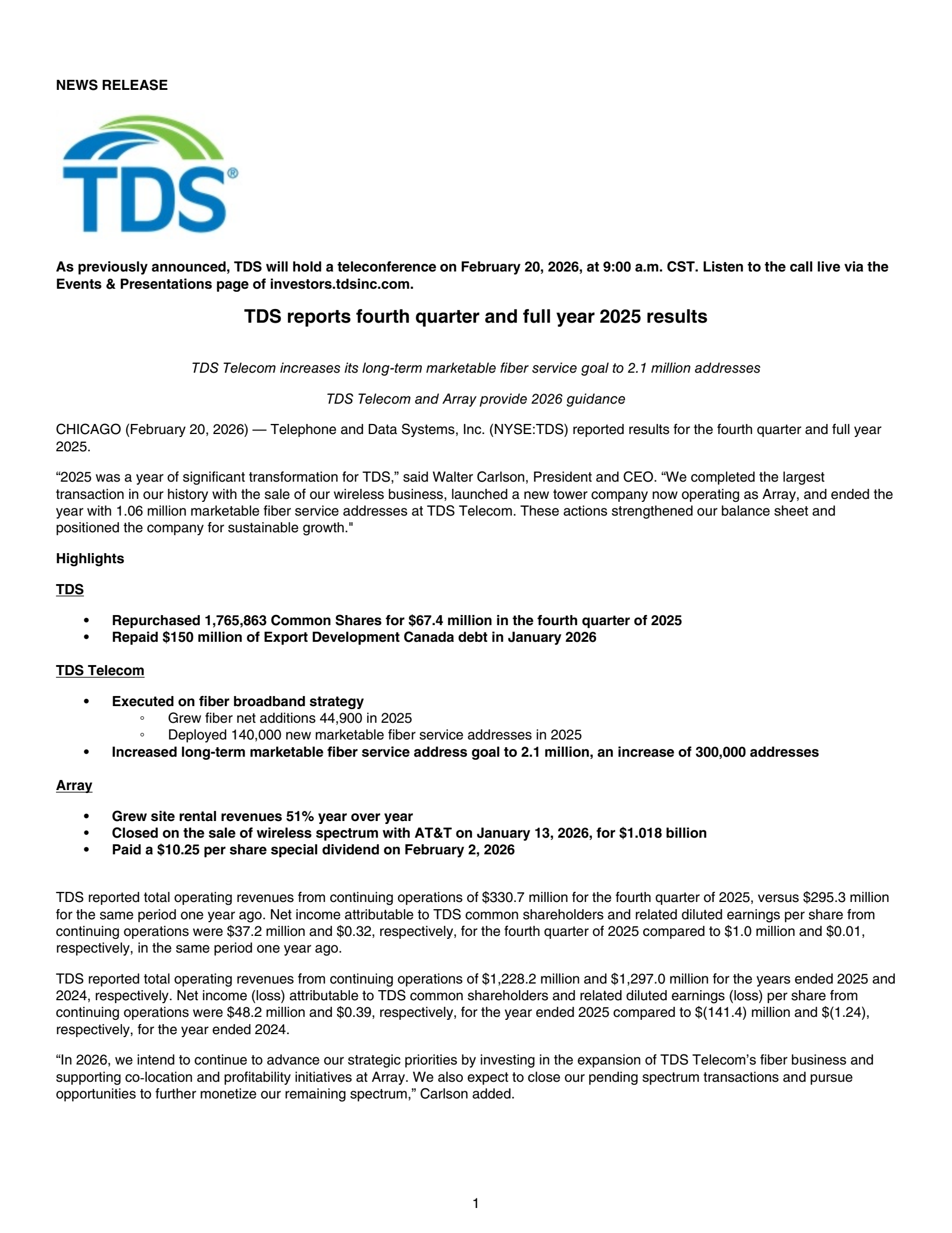 Telephone and Data Systems' Q4 2025 Press Release