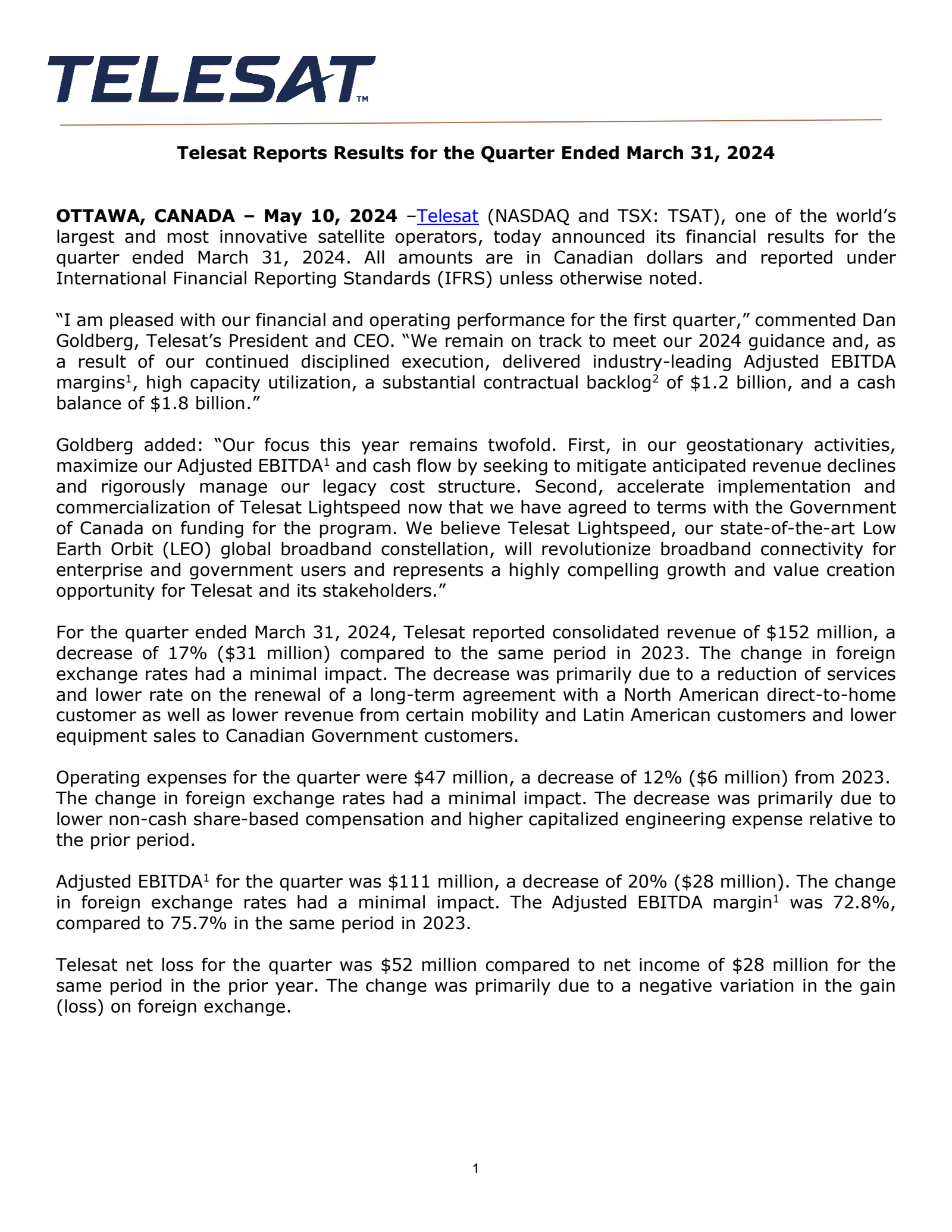 Telesat's Q1 2024 Interim report