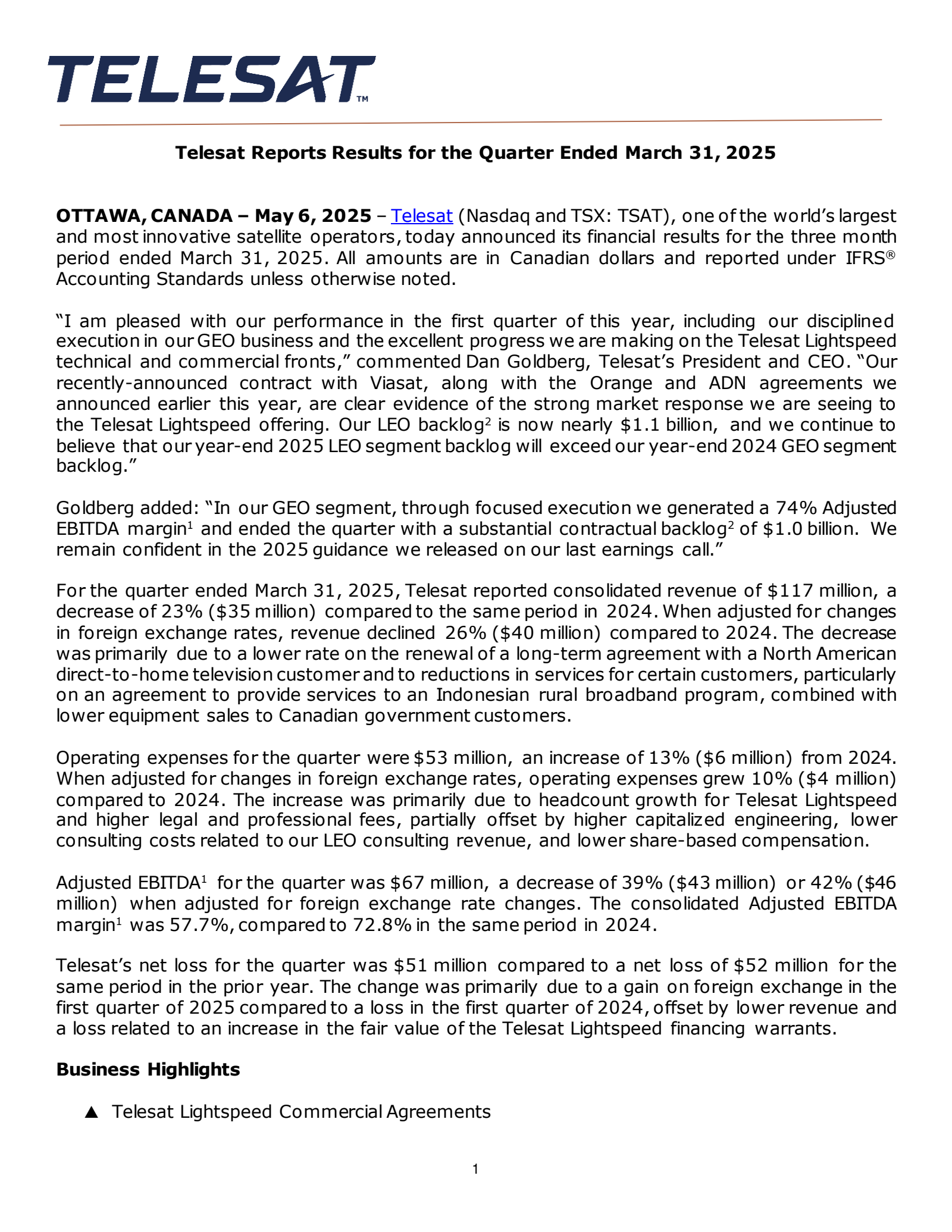 Telesat's Q1 2025 Press Release