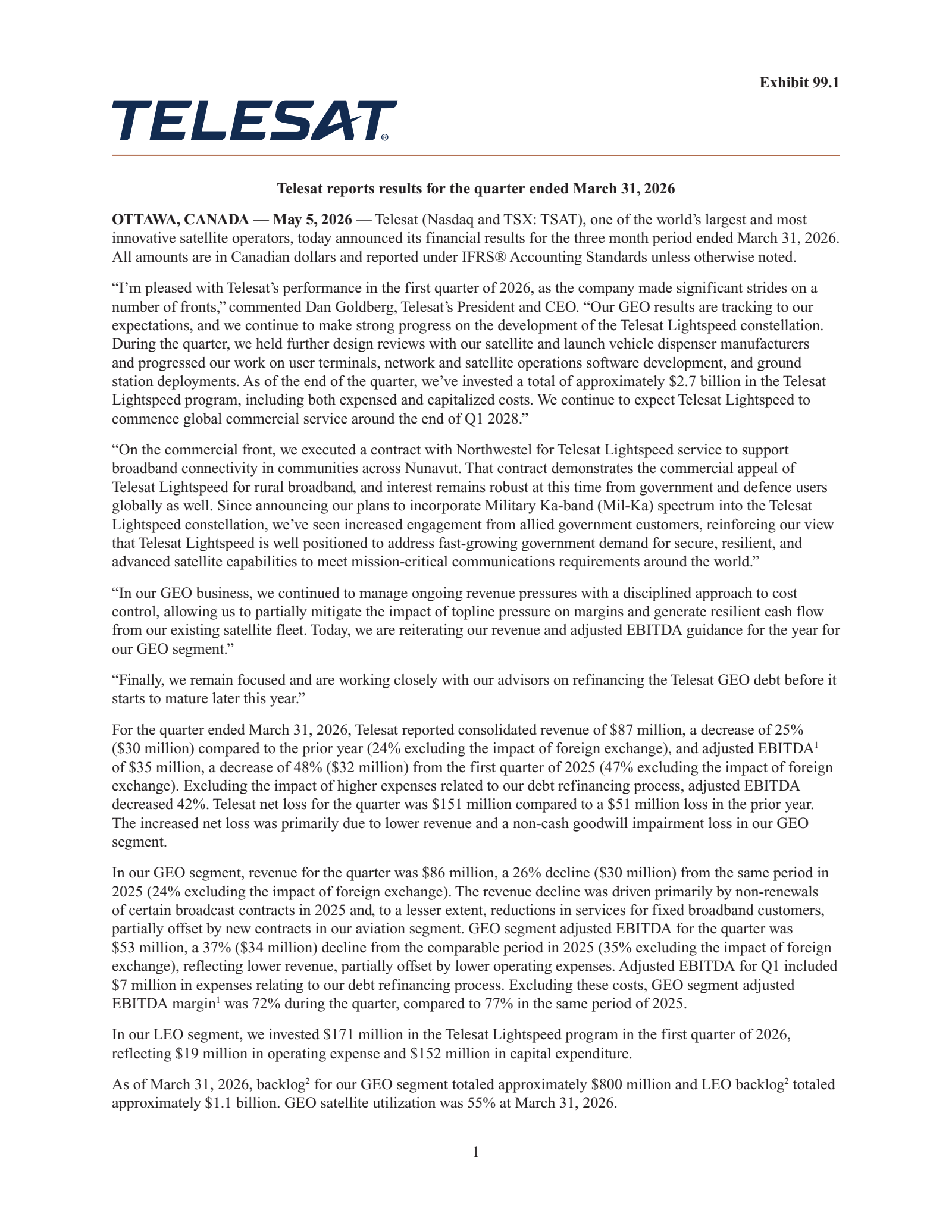 Telesat's Q1 2026 Press Release